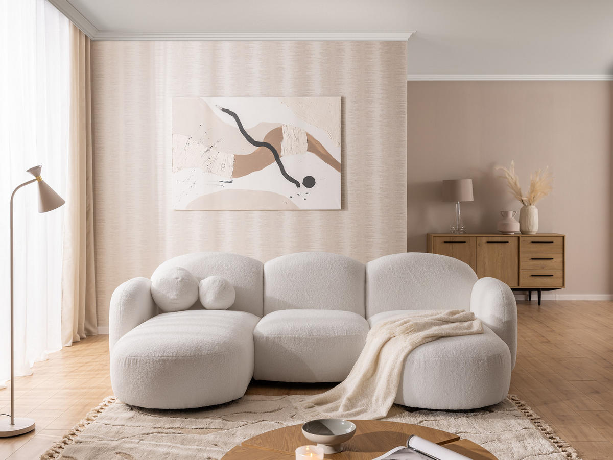 WOHNLANDSCHAFT Nuvola mit abgerundetem Design Weiß Bouclé-Stoff - Schwarz/Weiß, Holz/Kunststoff (268/80/146cm) - S-Style Möbel