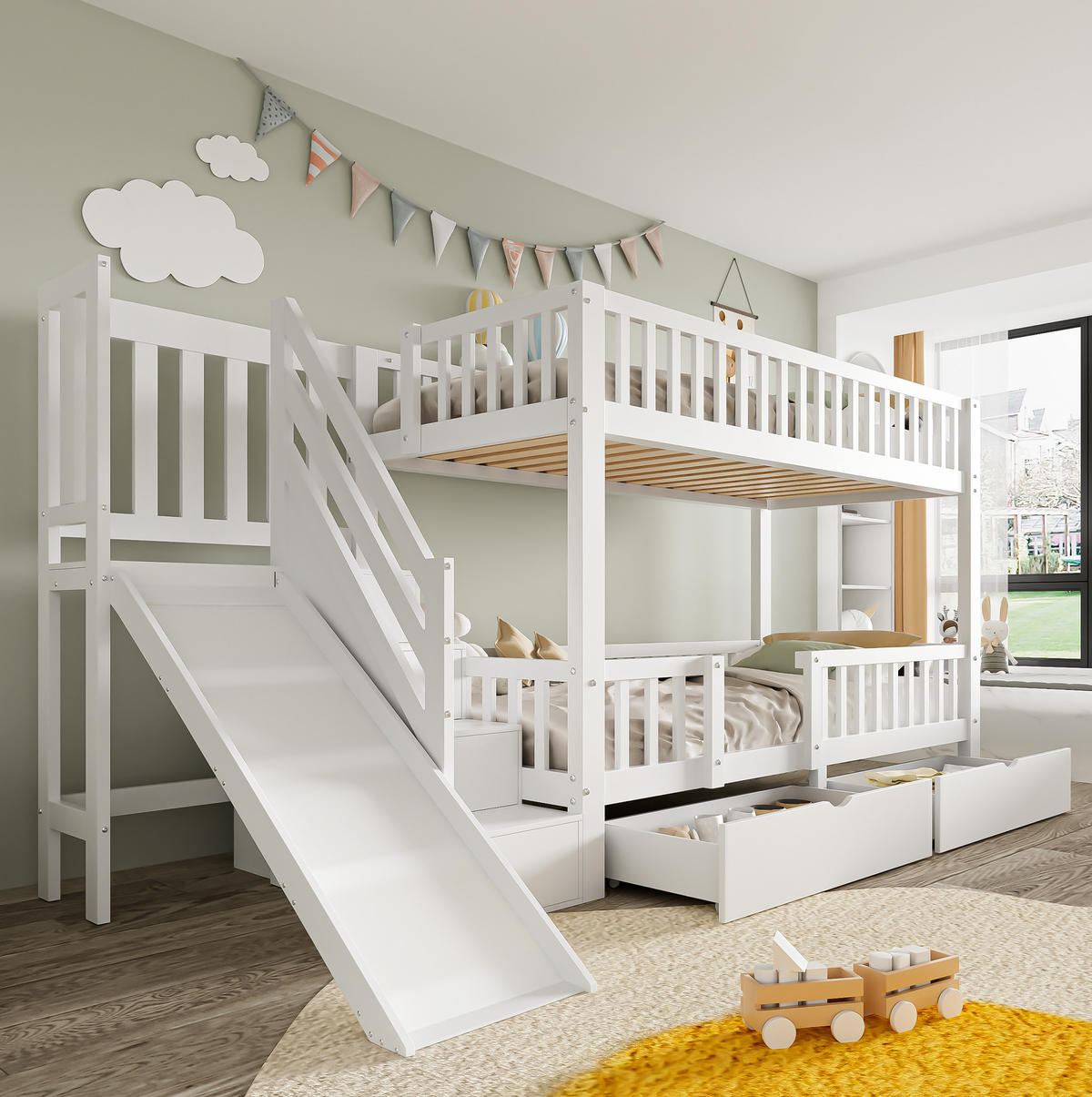 ETAGENBETT 90/200 cm Weiß aus Massivholz mit Rutsche, Treppe und 2 Schubladen - Weiß, Holz (90/200cm) - Flora Grace