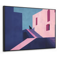 LEINWAND Bilder mit Rahmen - Katze - Treppe - Gebäude - Schattenkontraste - 100x70 - Dunkelblau, Textil (100/70cm) - MuchoWow