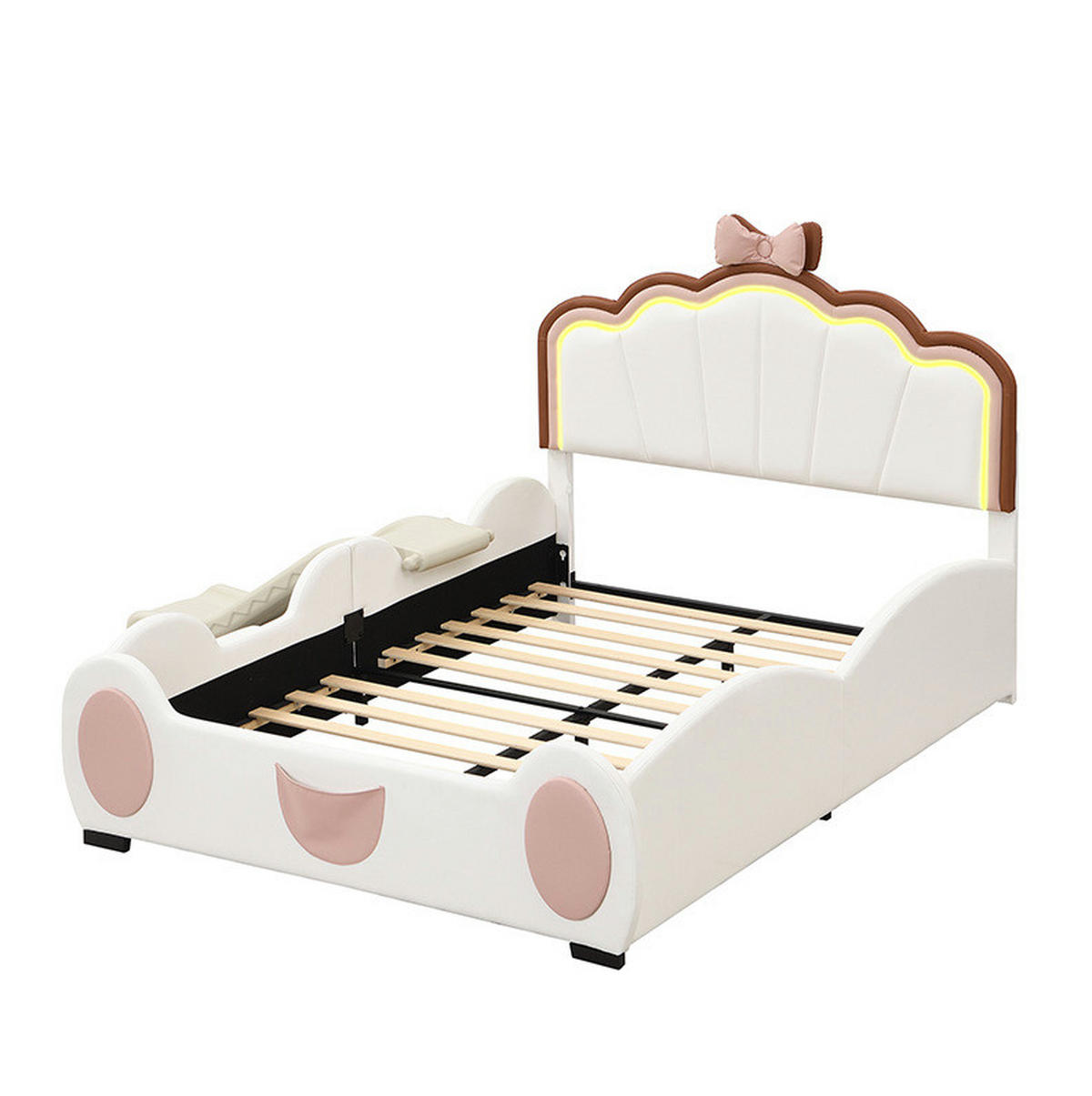 HAUSBETT 140/200 cm Rosa/Weiß aus PU und MDF mit Rutsche und Leiter - Rosa, Kunststoff (140/200cm) - OKMYHOME