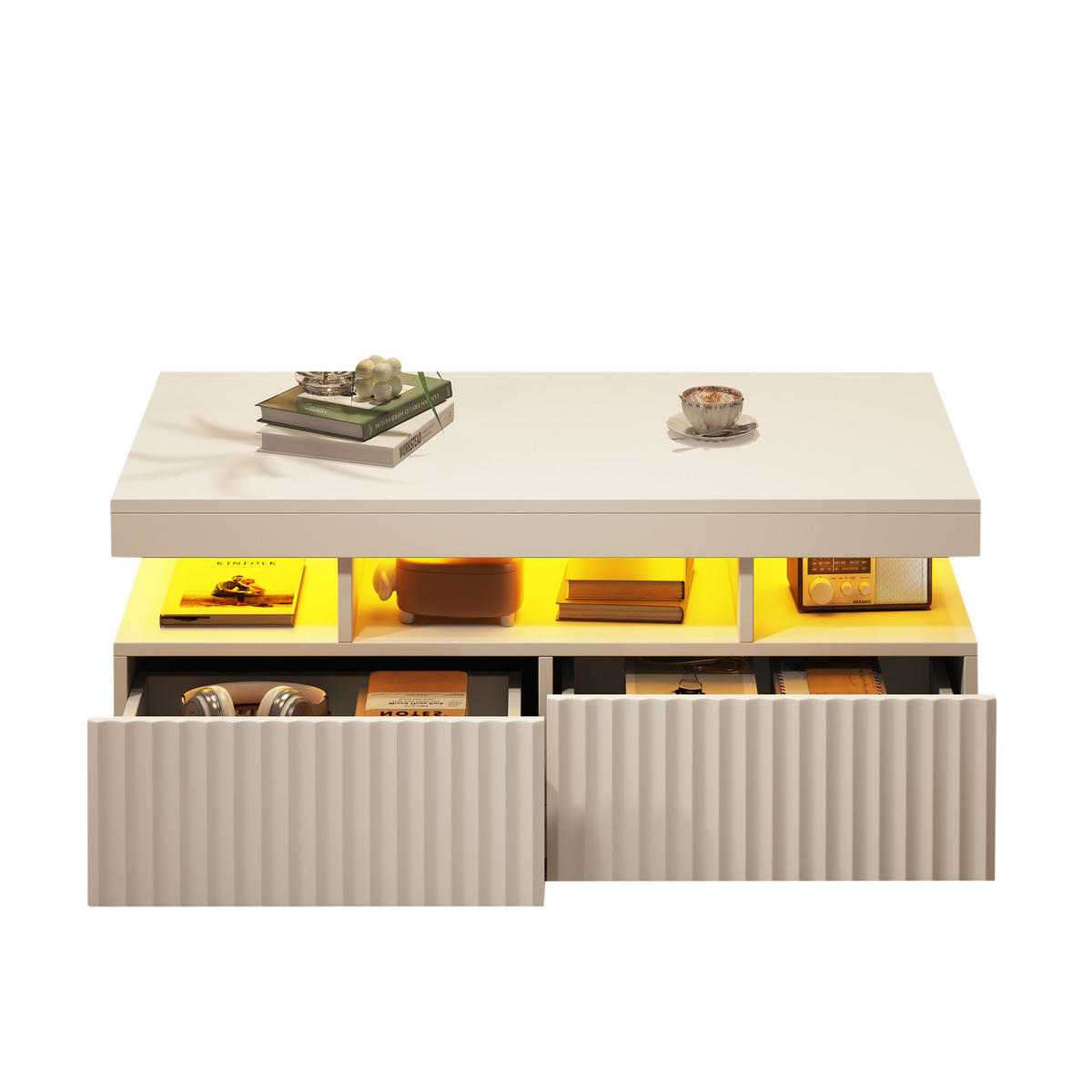 COUCHTISCH DE-37112 mit vertikalen Streifen, 2 Schubladen und LED Weiß - Weiß, Holzwerkstoff (100/50/45cm) - ComfortXL
