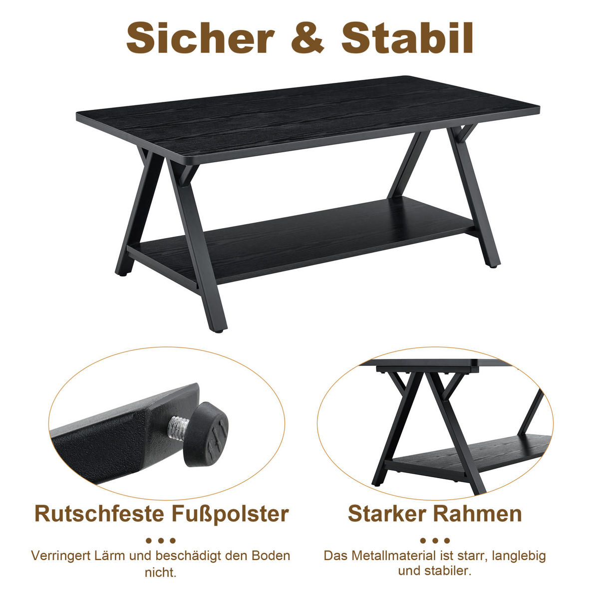 KONFERENČNÍ stolek 110/57/44,5 cm černý z MDF a kovu s úložnou policí - černá, kompozitní dřevo (110/57/44.5cm) - OKWISH