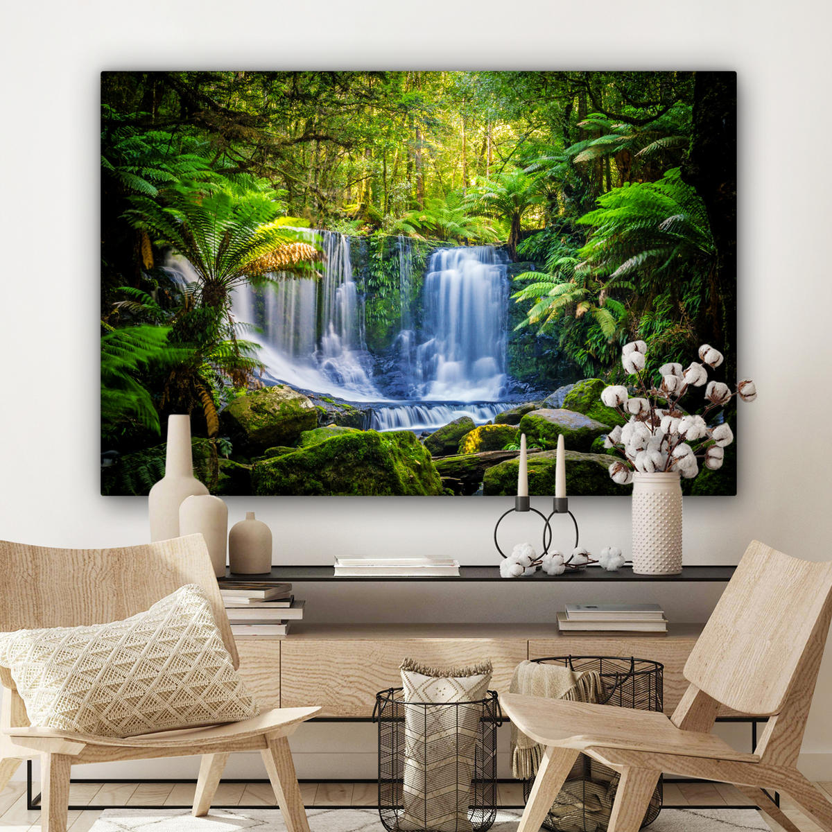 LEINWANDBILD Dschungel - Wasserfall - Australien - Pflanzen - Natur Wohnzimmer Groß 120x80 cm - Dunkelgrün, Textil (120/80cm) - MuchoWow