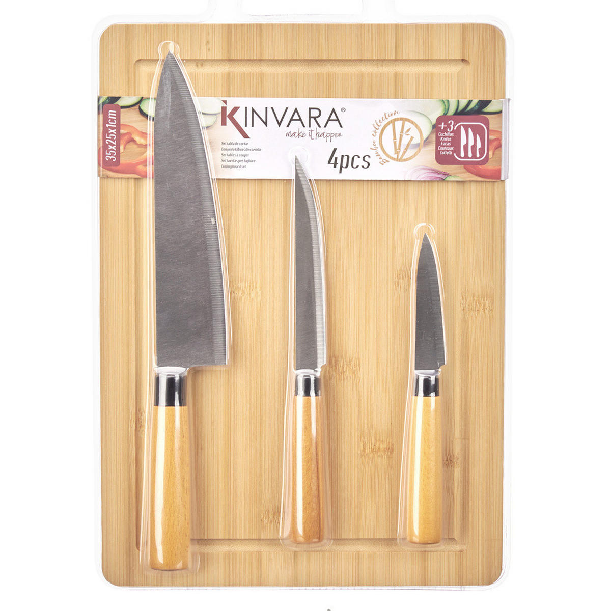 SCHNEIDEBRETT Bambus Orva mit 3 Messern - Beige, Naturmaterialien (25/35cm) - Kinvara