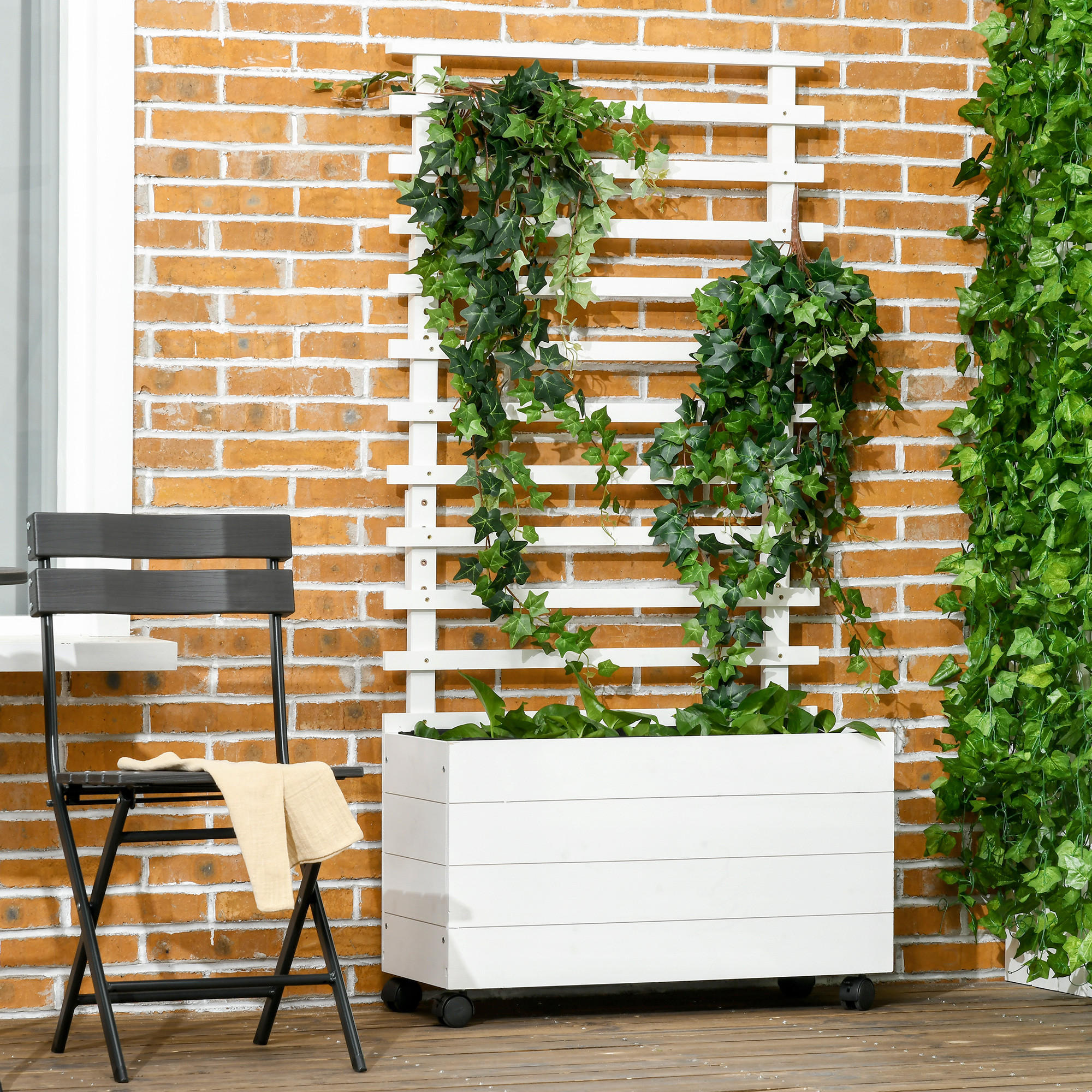 PFLANZKASTEN, Blumenkasten mit Rollen, Hochbeet für Kletterpflanzen, Naturholz, Weiß - Weiß, Holz (30/155/76cm) - Outsunny