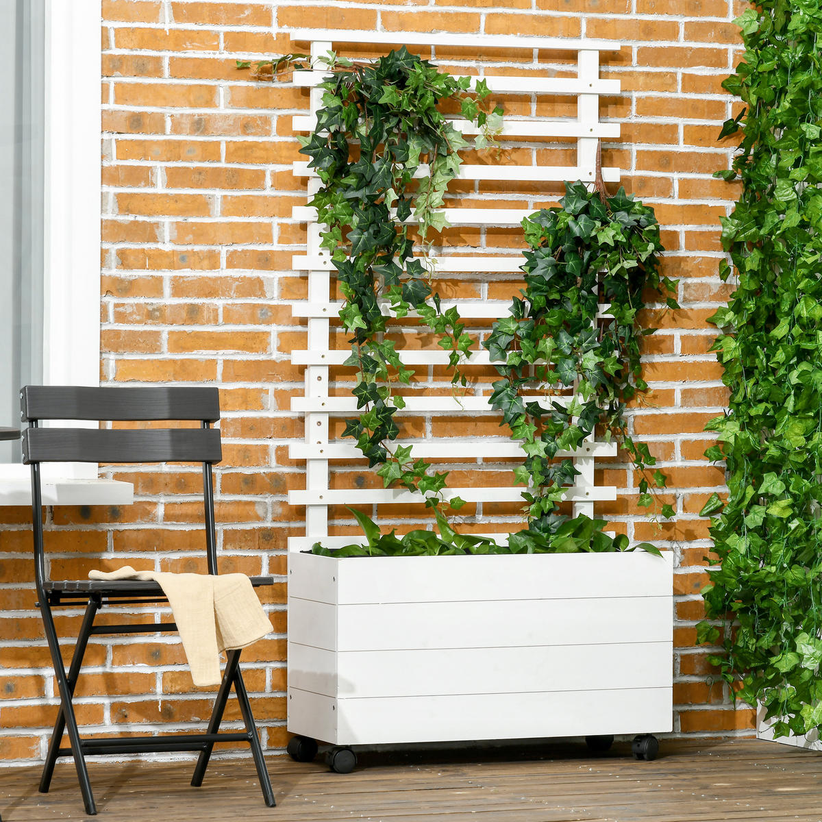 PFLANZKASTEN, Blumenkasten mit Rollen, Hochbeet für Kletterpflanzen, Naturholz, Weiß - Weiß, Holz (30/155/76cm) - Outsunny