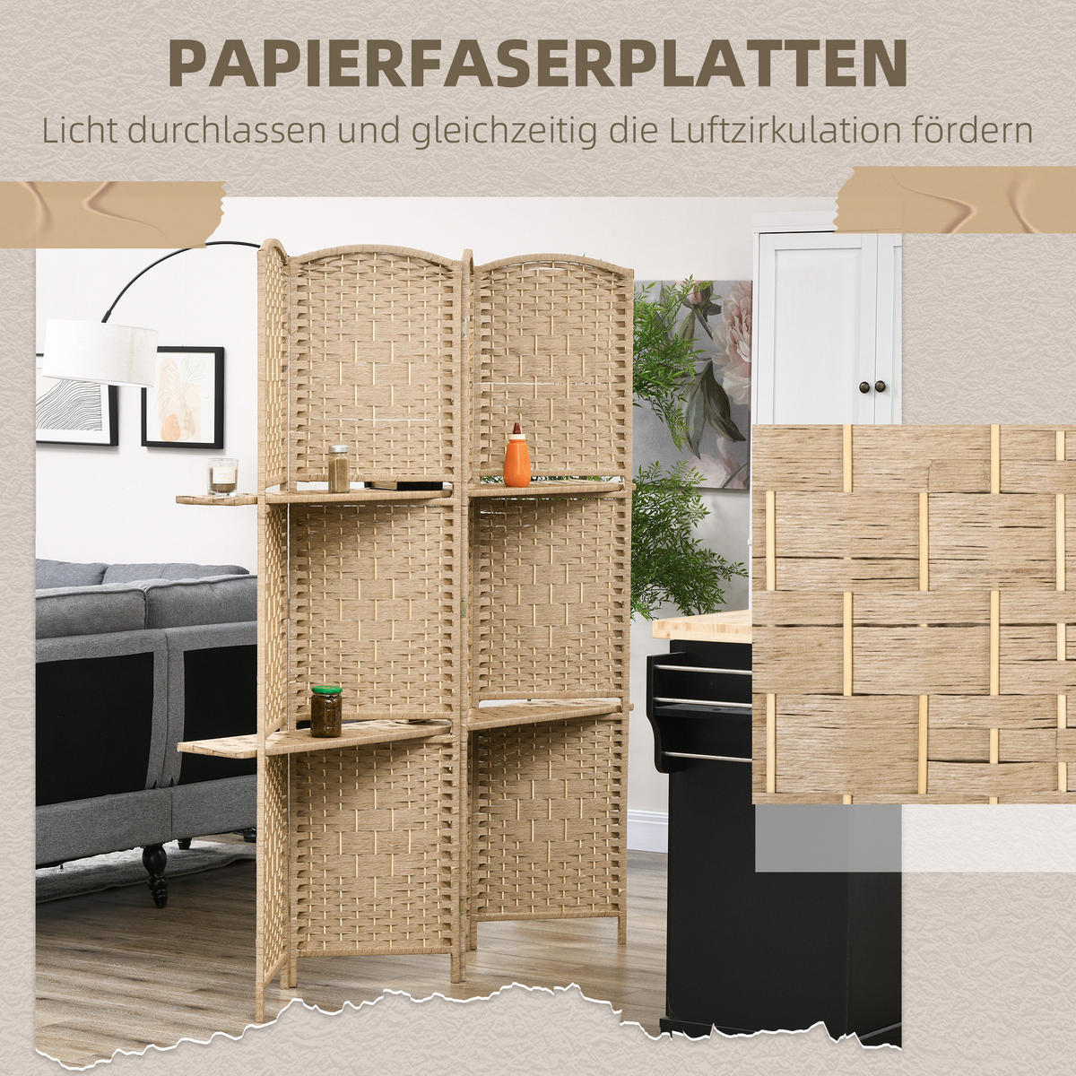 PARAVENT aus Papierfaser in Naturholz-Optik - Naturfarben, Holz/Papier (1.6/170cm) - HOMCOM