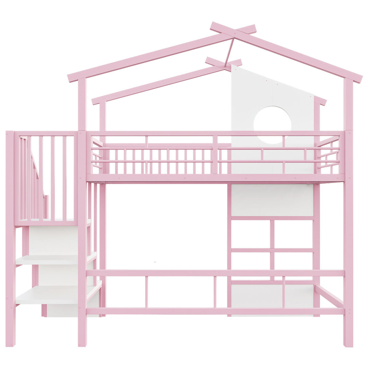 HOCHBETT aus Metall 90x200 cm Weiß/Rosa mit Stauraumtreppe, LED-Lichtband und Hausdesign - Weiß, Metall (90/200cm) - Modfu
