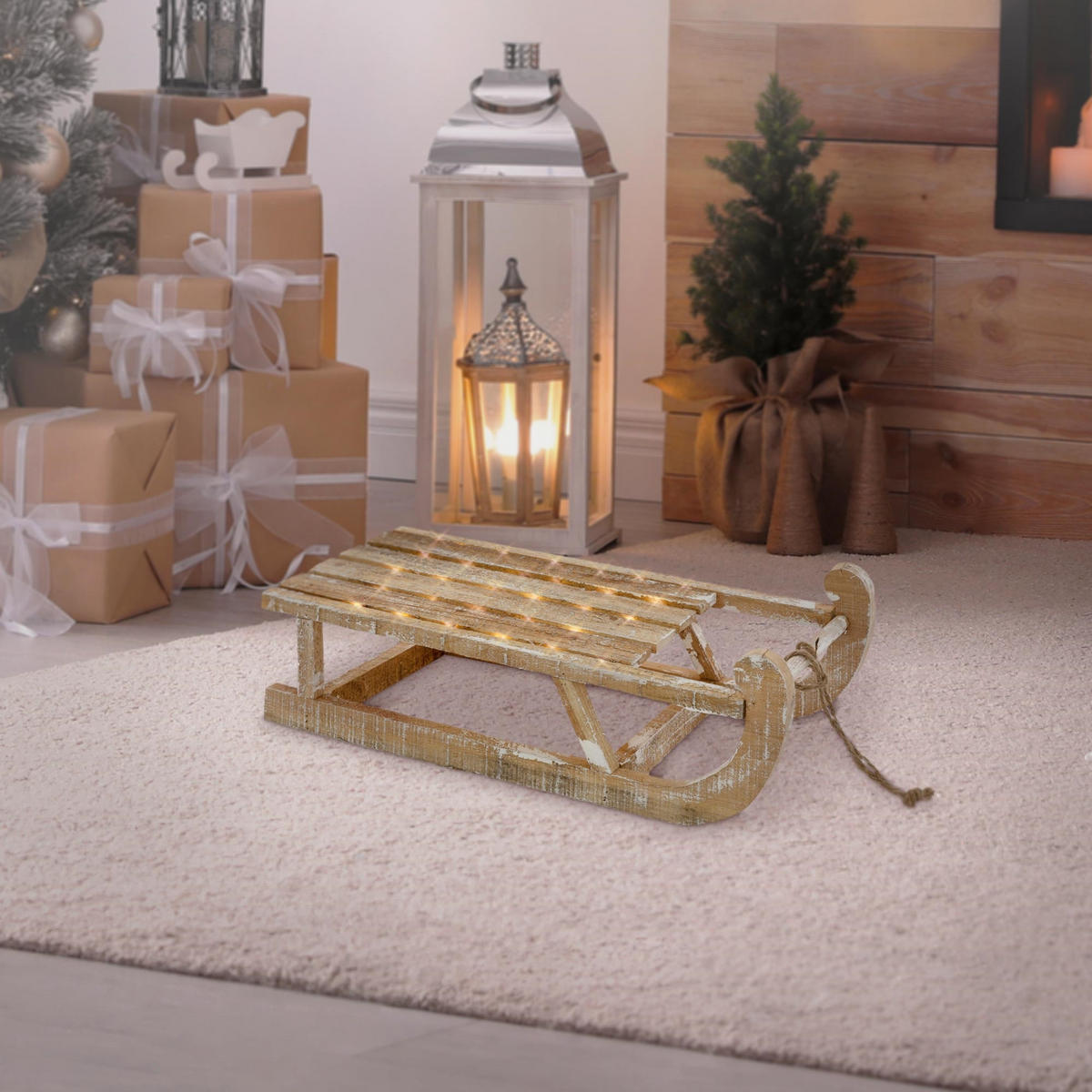 WEIHNACHTSSCHLITTEN 50,5 cm Braun aus Holz mit LED - Braun, Holz (23.5/13.5/50.5cm) - ECD-Germany