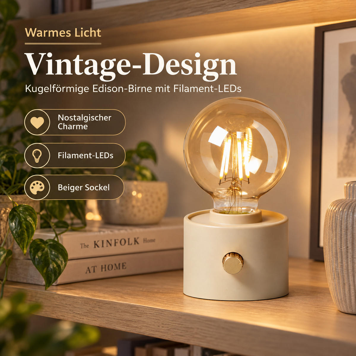 LED-AKKU-TISCHLEUCHTE Vintage dimmbar Drehschalter Edison-Birne USB-C Beige 50 lm - Beige, Kunststoff (10/8.7/16cm) - Northpoint