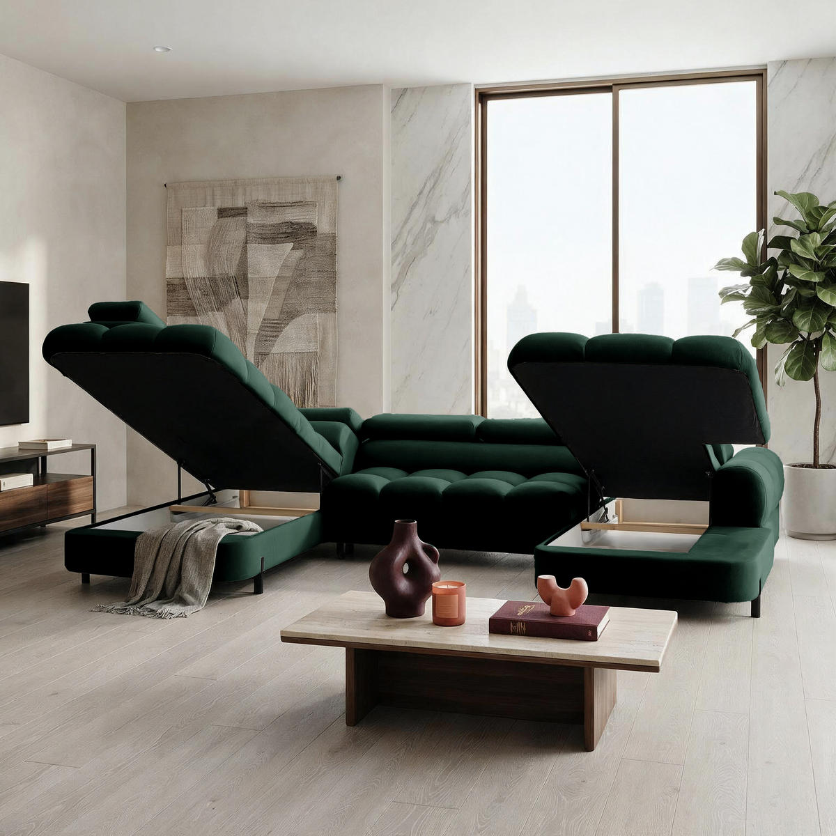ECKSOFA U-Form BOWL U Links mit Schlaffunktion 125x265 Velours Grün - Schwarz/Grün, Holz/Textil (339/90/195cm) - Muffo