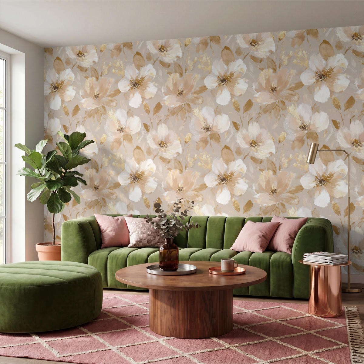 TAPETE - Blumen - künstlerisch - Gold - 400x280 cm - Beige, Papier (400/280cm) - OnlyWow