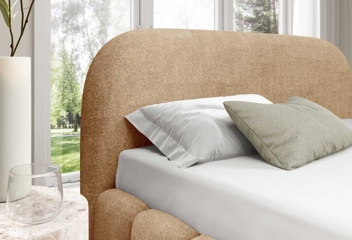 POLSTERBETT 140x200 Noemi, runde Kopfteil, Bettkasten, Samtstoff, Beige - Beige, Holz/Textil (140/200cm) - Emporius