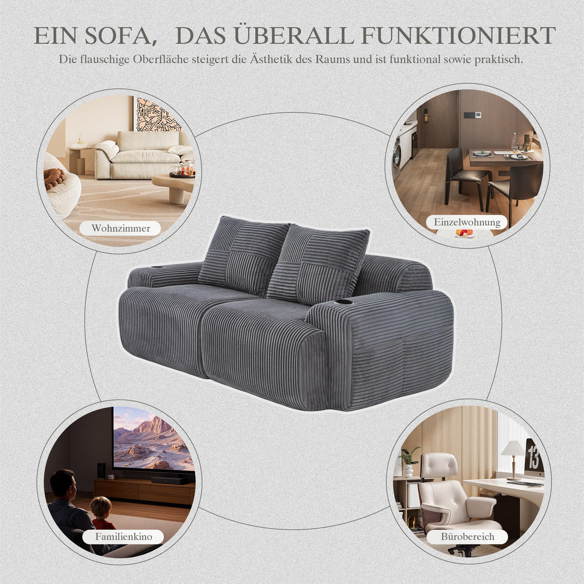 2-SITZER Sofa Cordstoff mit Getränkehalter und Seitentasche 200/99/80 cm Dunkelgrau - Dunkelgrau, Textil (99/80/200cm) - Redom