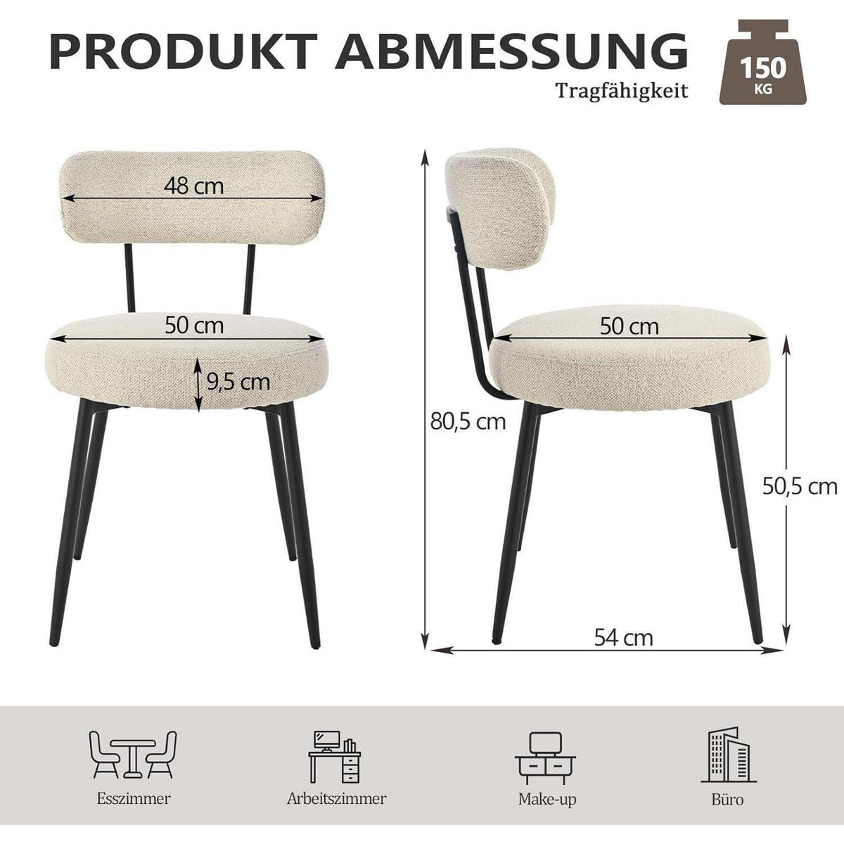 ESSZIMMERSTÜHLE 6er Set aus Bouclé Leinen Stoff, gepolstert, mit Metallbeinen in beige - Beige, Textil (54/80.5/50cm)