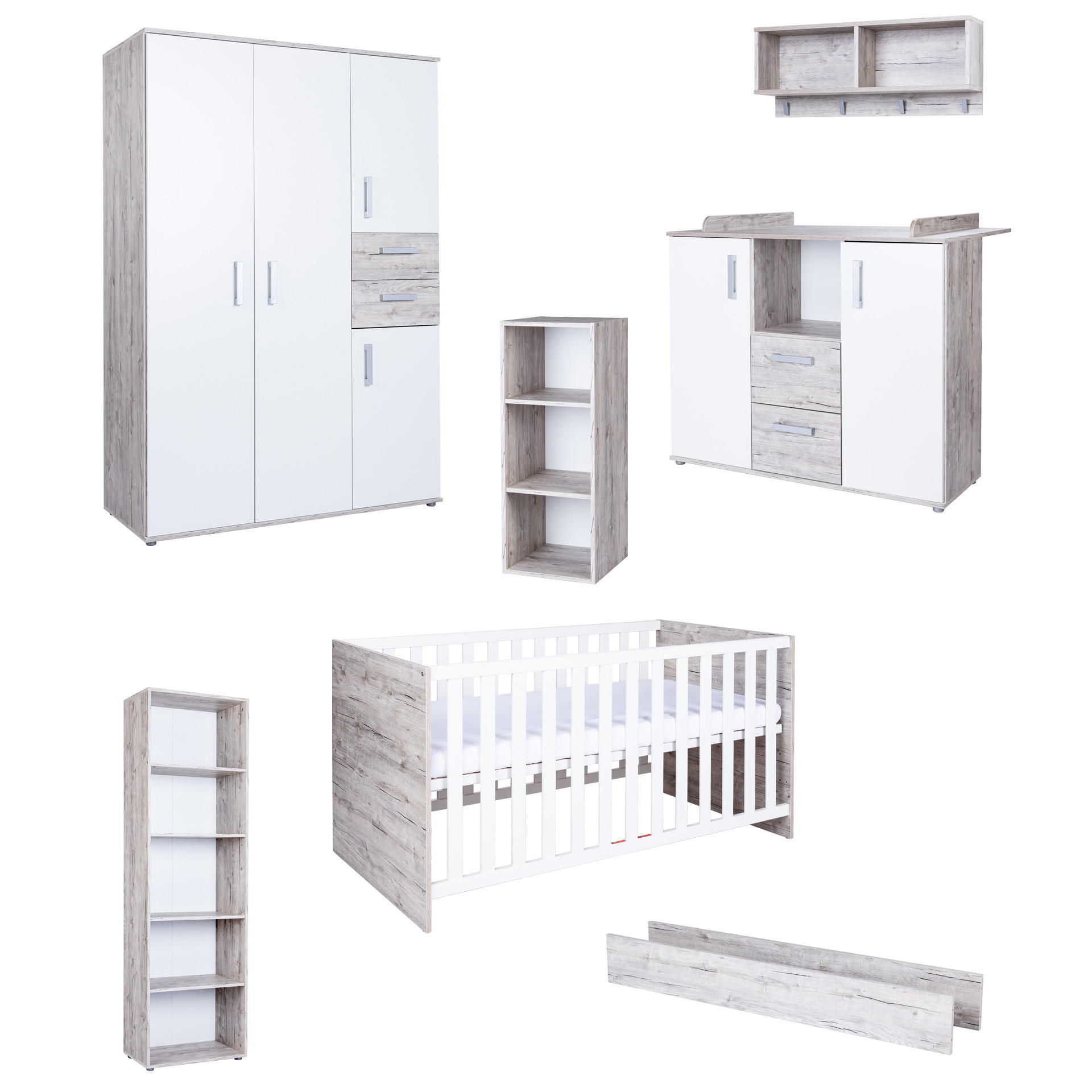 BABYZIMMER Mega-Set Bente 7-tlg. - Eichefarben/Silberfarben, Holzwerkstoff/Kunststoff (1/1/1cm) - arthur berndt