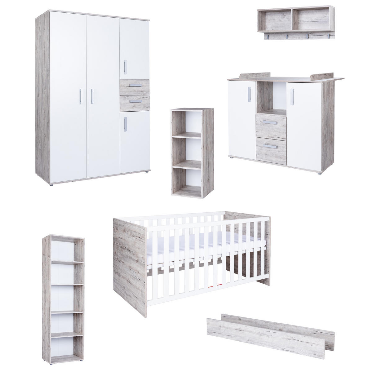BABYZIMMER Mega-Set Bente 7-tlg. - Eichefarben/Silberfarben, Holzwerkstoff/Kunststoff (1/1/1cm) - arthur berndt