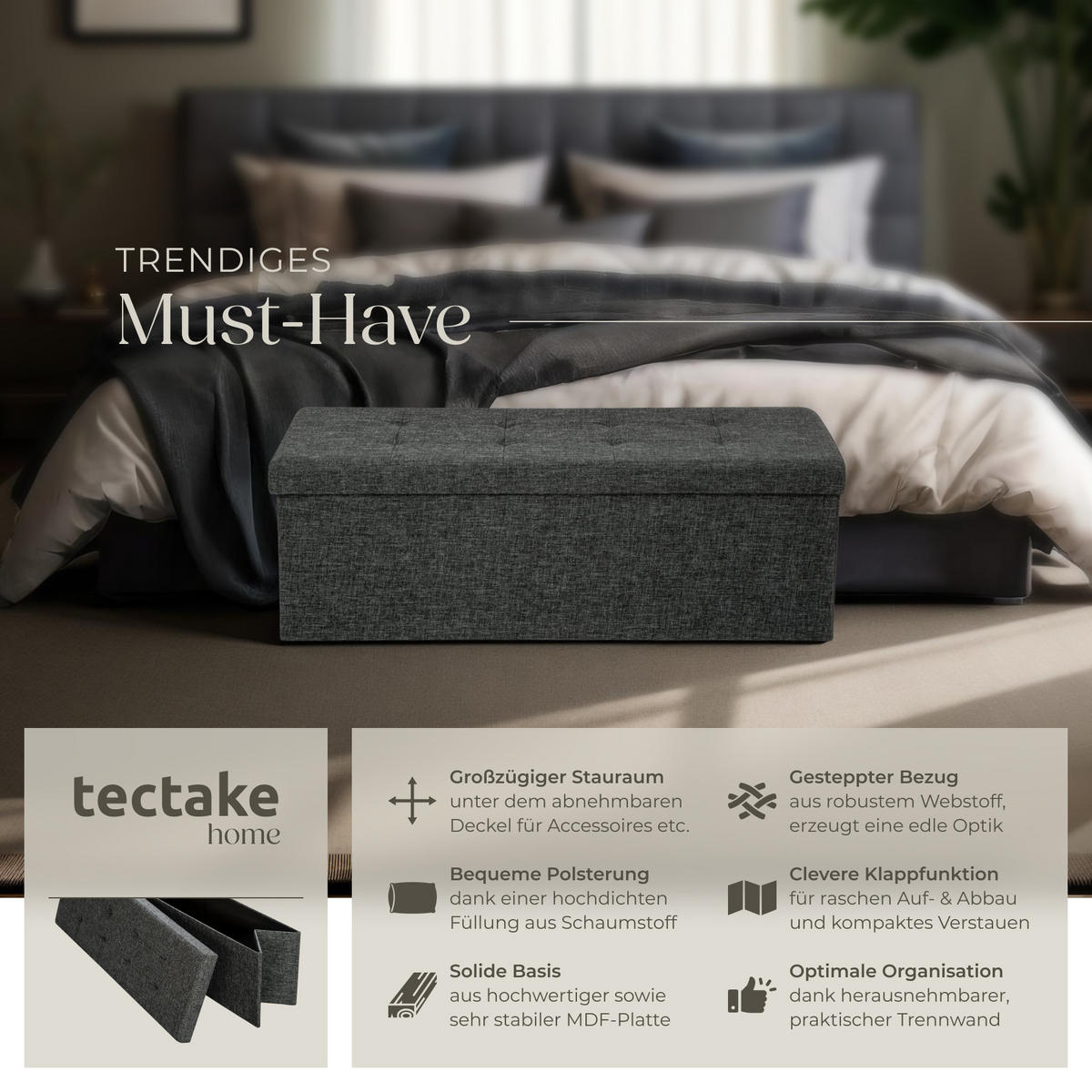 SITZHOCKER mit Stauraum, 110 x 38 x 38 cm,dunkelgrau - Dunkelgrau, Textil (38/38/110cm) - tectake
