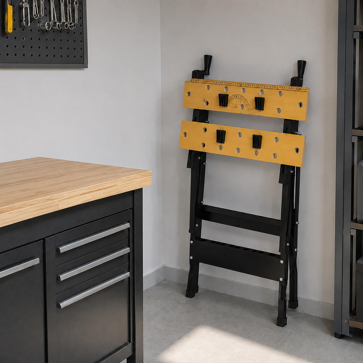 WERKBANK Natur Schwarz klappbar mit Spannbacken Stahl MDF 76 cm - Schwarz, Holzwerkstoff/Metall (56/76/62cm) - Relaxdays