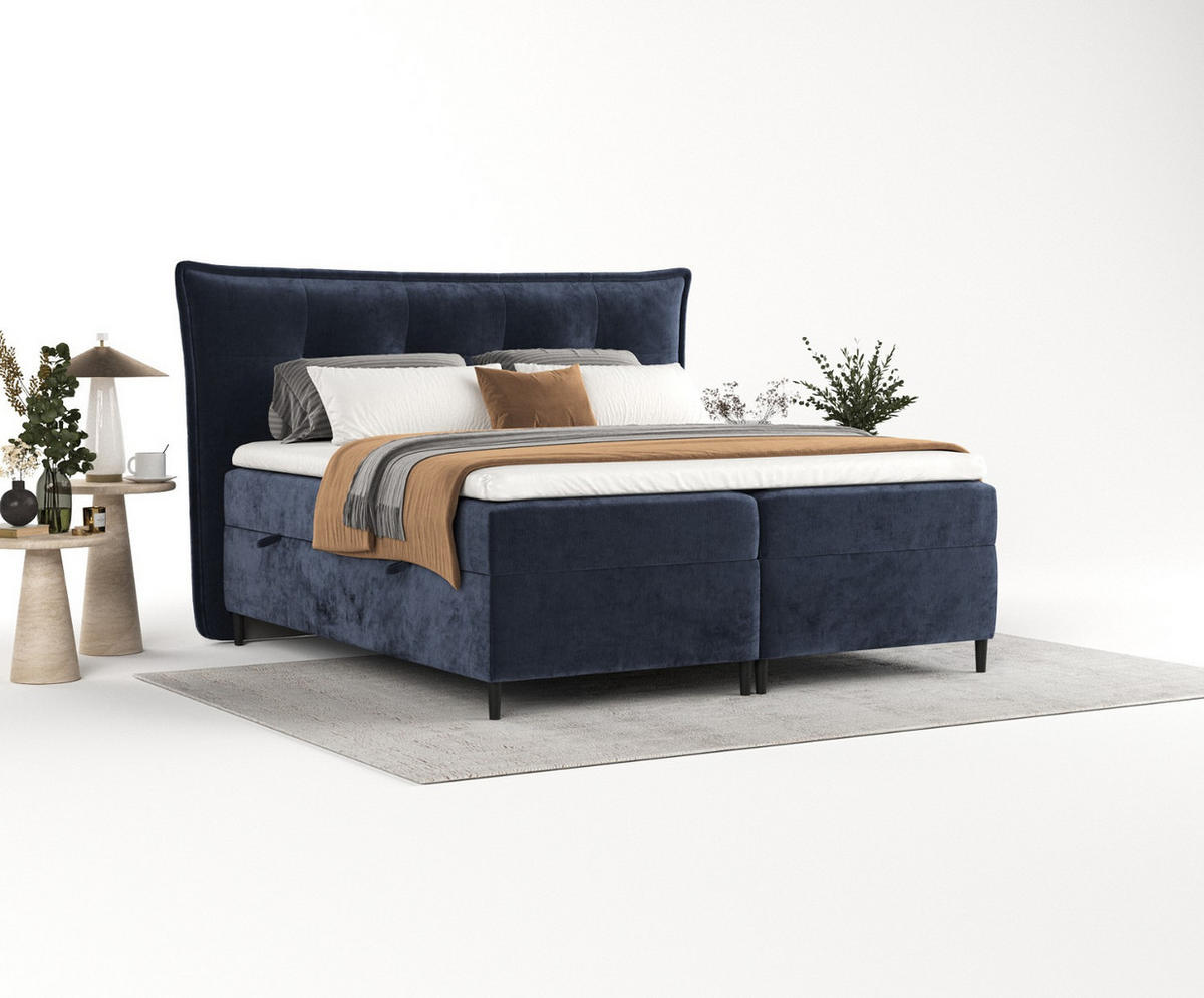 BOXBETT Las Palmas 140/200 cm Marineblau im Lotta Stoff - Schwarz/Dunkelblau, Holz/Holzwerkstoff (140/200cm) - AltaBeds