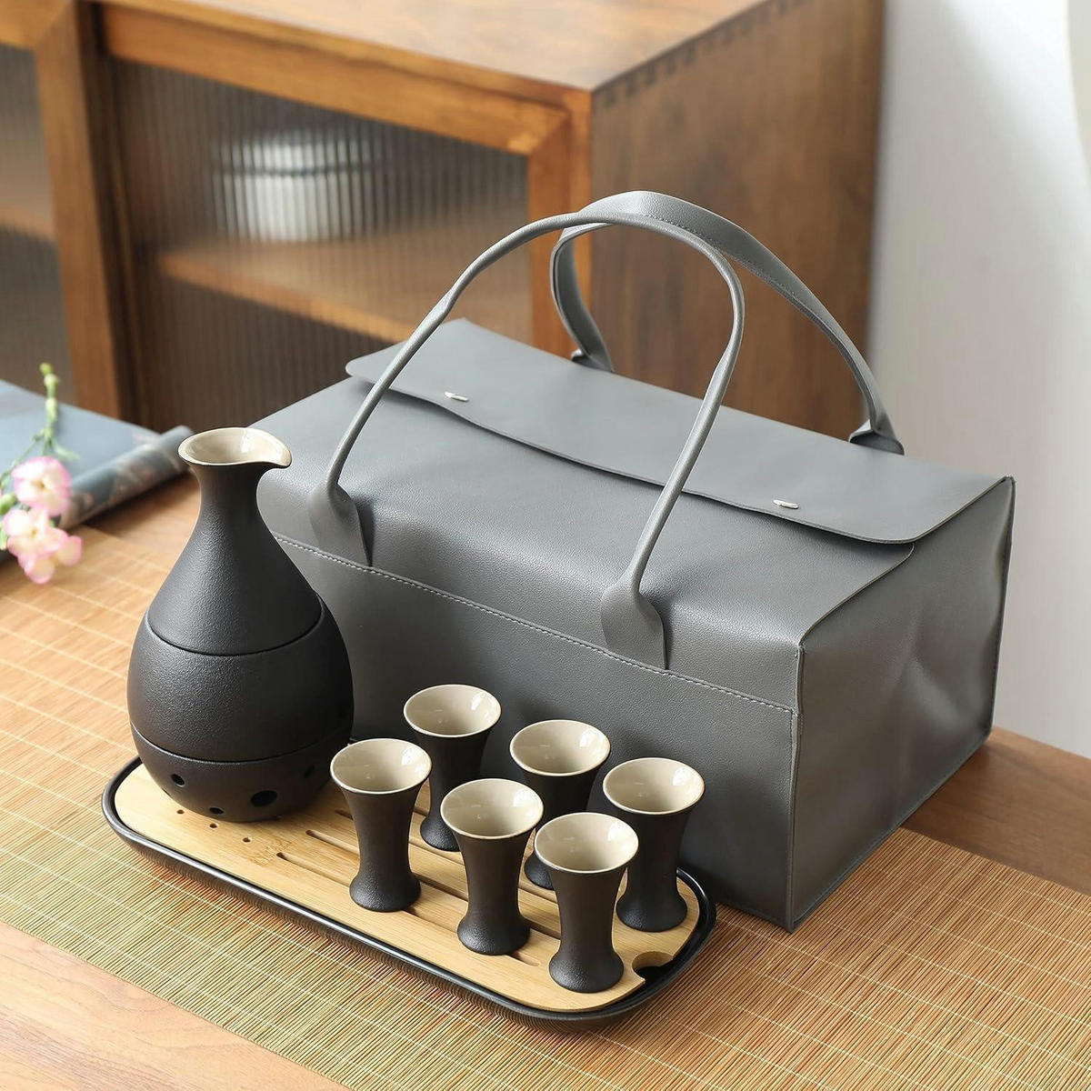SAKE Set 10-teiliges Set Keramik mit Bambustablett und Ledertasche - Multicolor, Keramik (12/30.5cm)