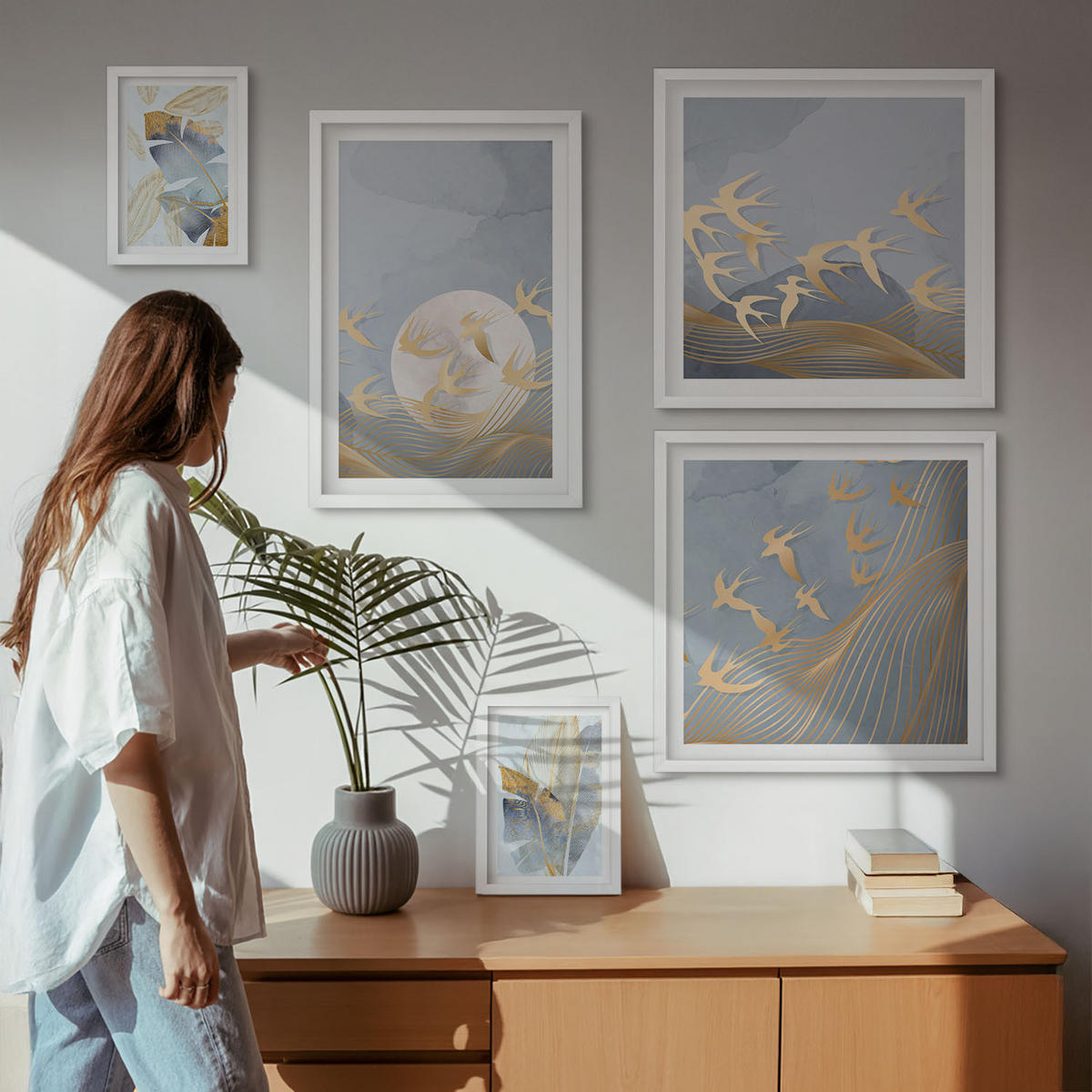 WANDBILDER 5er-Set - 50x50 cm & 20x30 cm & 40x60 cm Weißer Rahmen - Blaubeige Blätter im Hintergrund - Weiß, Kunststoff (40/60cm) - ArtPrintCave