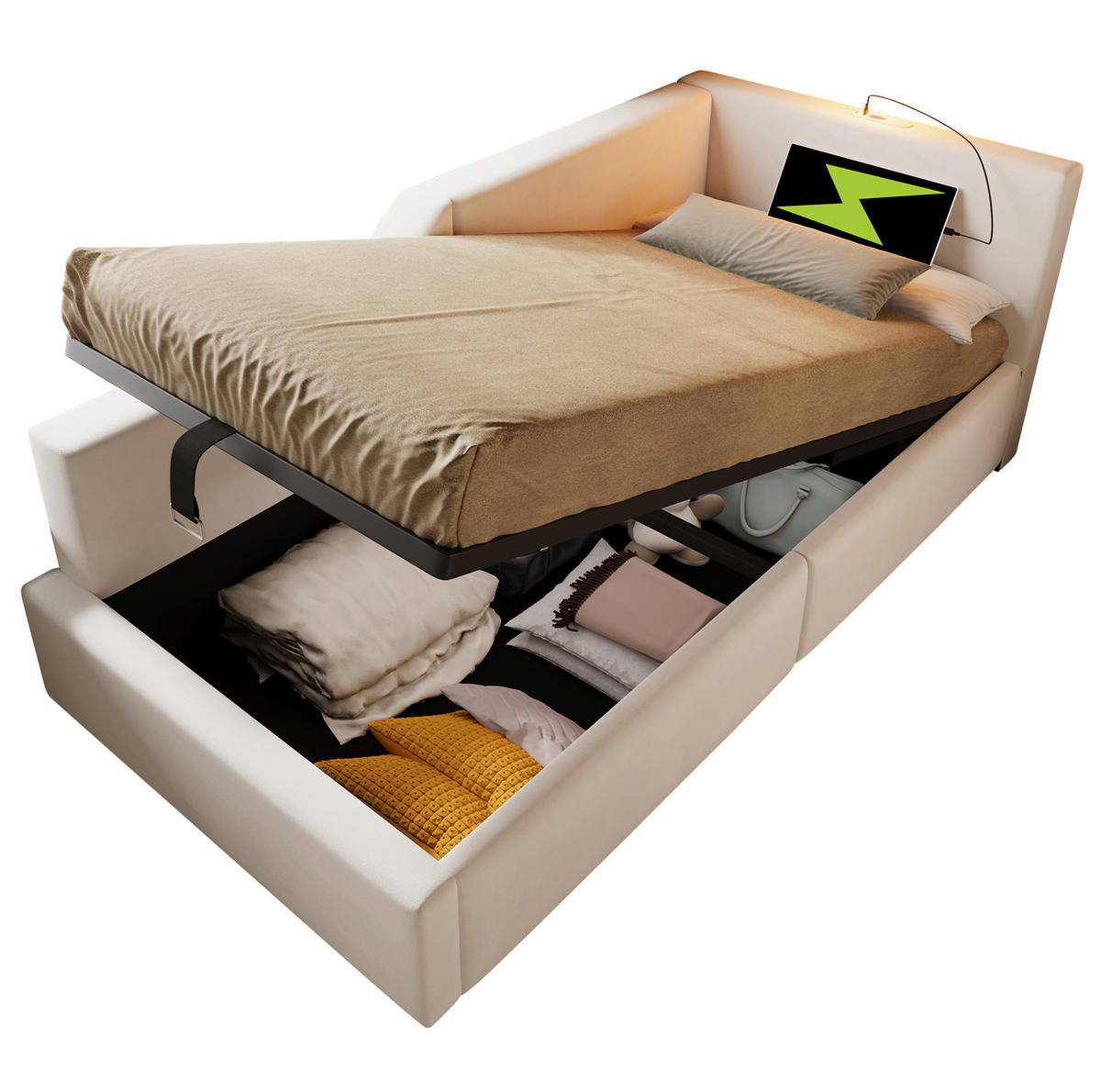 POLSTERBETT Einzelbett 90/200 cm aus Samt mit Stauraum, USB-C und Leselampe Beige - Beige, Textil (90/200cm) - Modenvie