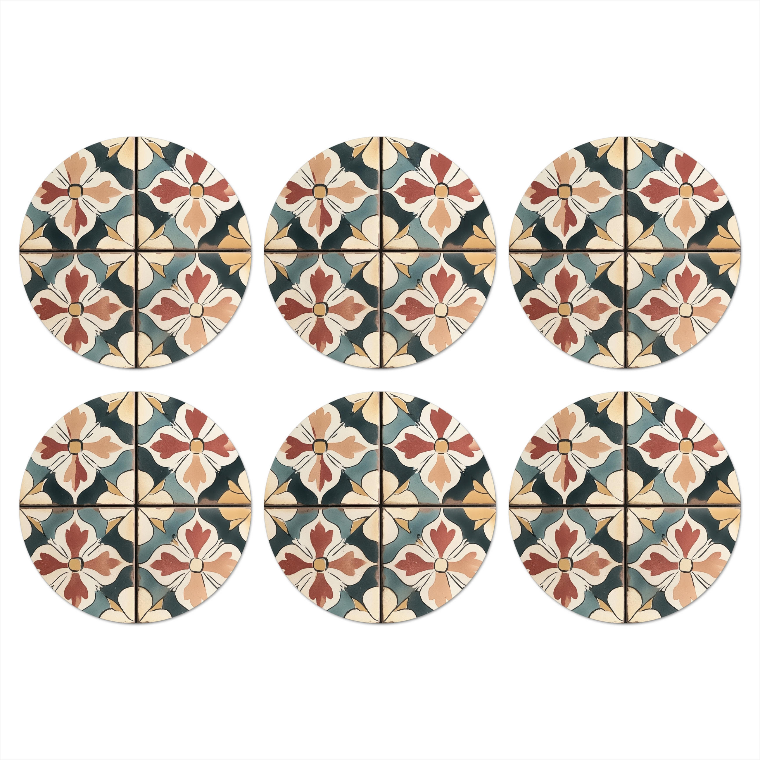 GLASUNTERSETZER 6er-Set Rund Dekorationen - Kacheln - Spanisch - Vintage 10x10 cm - Petrol, Naturmaterialien (10/0.2cm) - MuchoWow