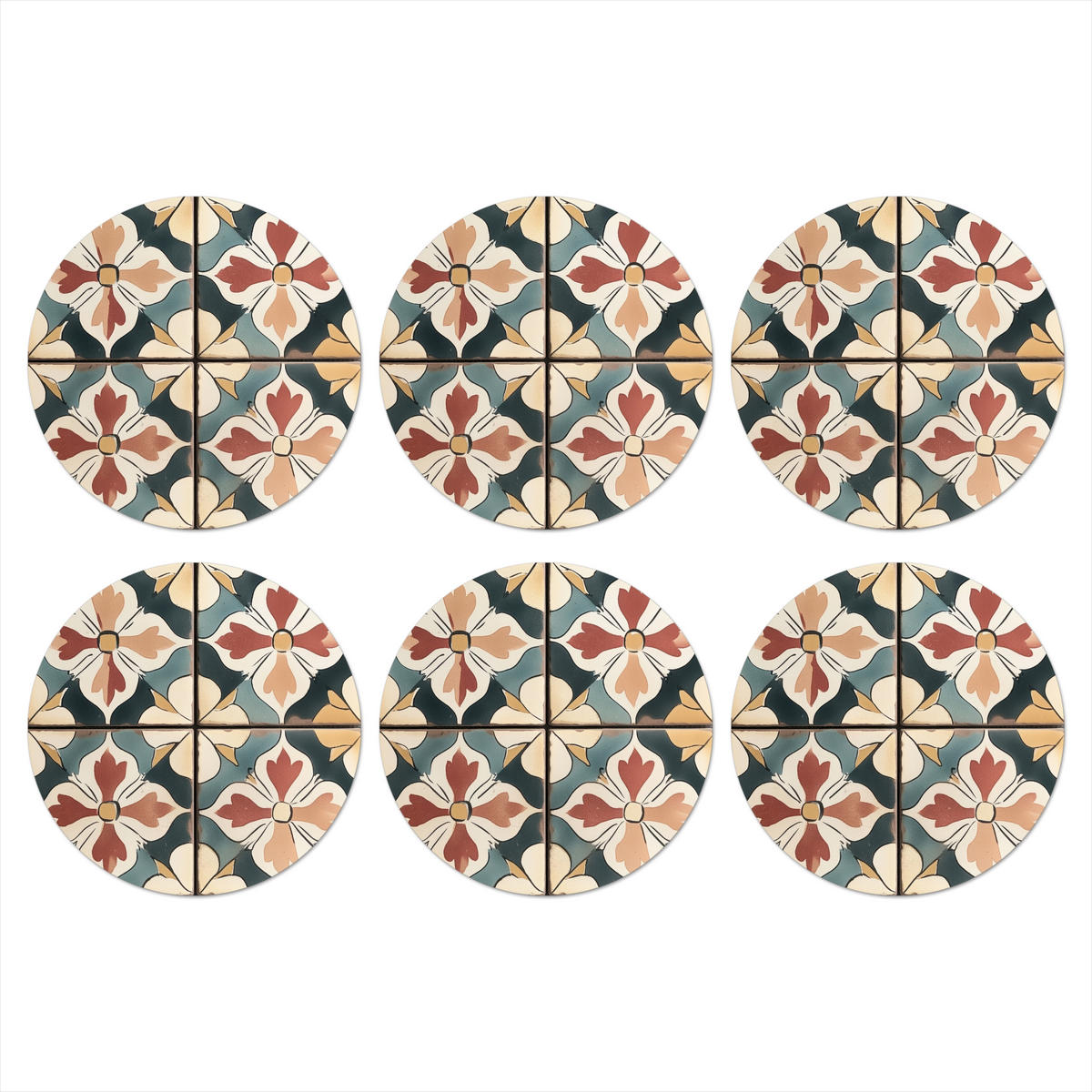 GLASUNTERSETZER 6er-Set Rund Dekorationen - Kacheln - Spanisch - Vintage 10x10 cm - Petrol, Naturmaterialien (10/0.2cm) - MuchoWow