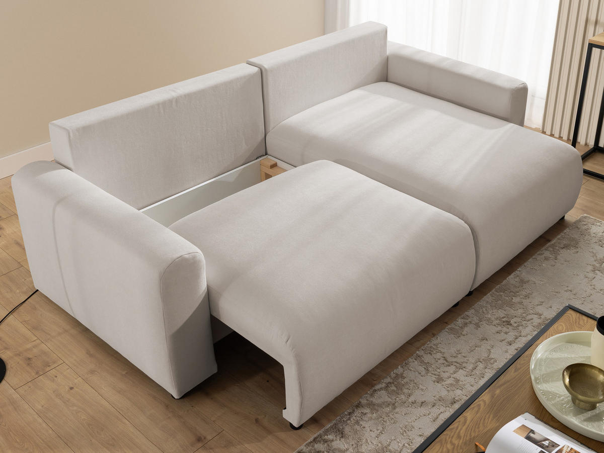 ECKSOFA Calma mit Schlaffunktion und Bettkasten im Bumpy-Design aus weichem Beige Webstoff - Ottomane rechts - Beige/Schwarz, Holz/Kunststoff (140/239cm) - S-Style