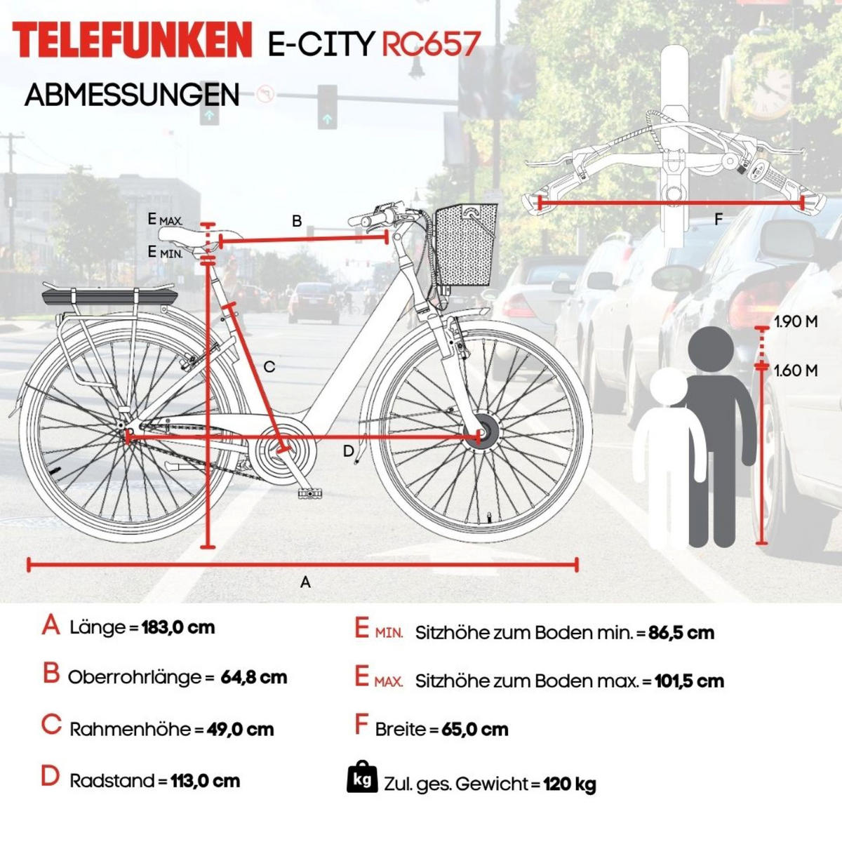 E-BIKE Cityrad Multitalent RC657 28 Zoll Elektrofahrrad 536,5 Wh Frontmotor 7-Gang-Kettenschaltung - Anthrazit, Metall (110cm) - Telefunken