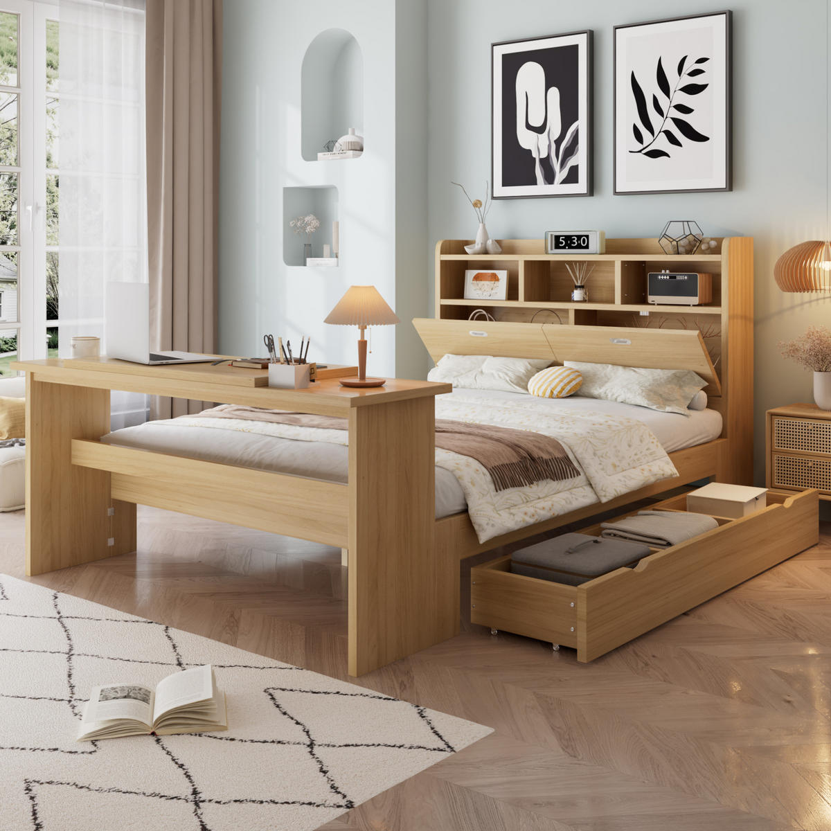 JUGENDBETT 140x200 cm in Natur mit Stauraum, Klapptisch und Kopfteilregal - Naturfarben, Holz (140/200cm) - IVMEU