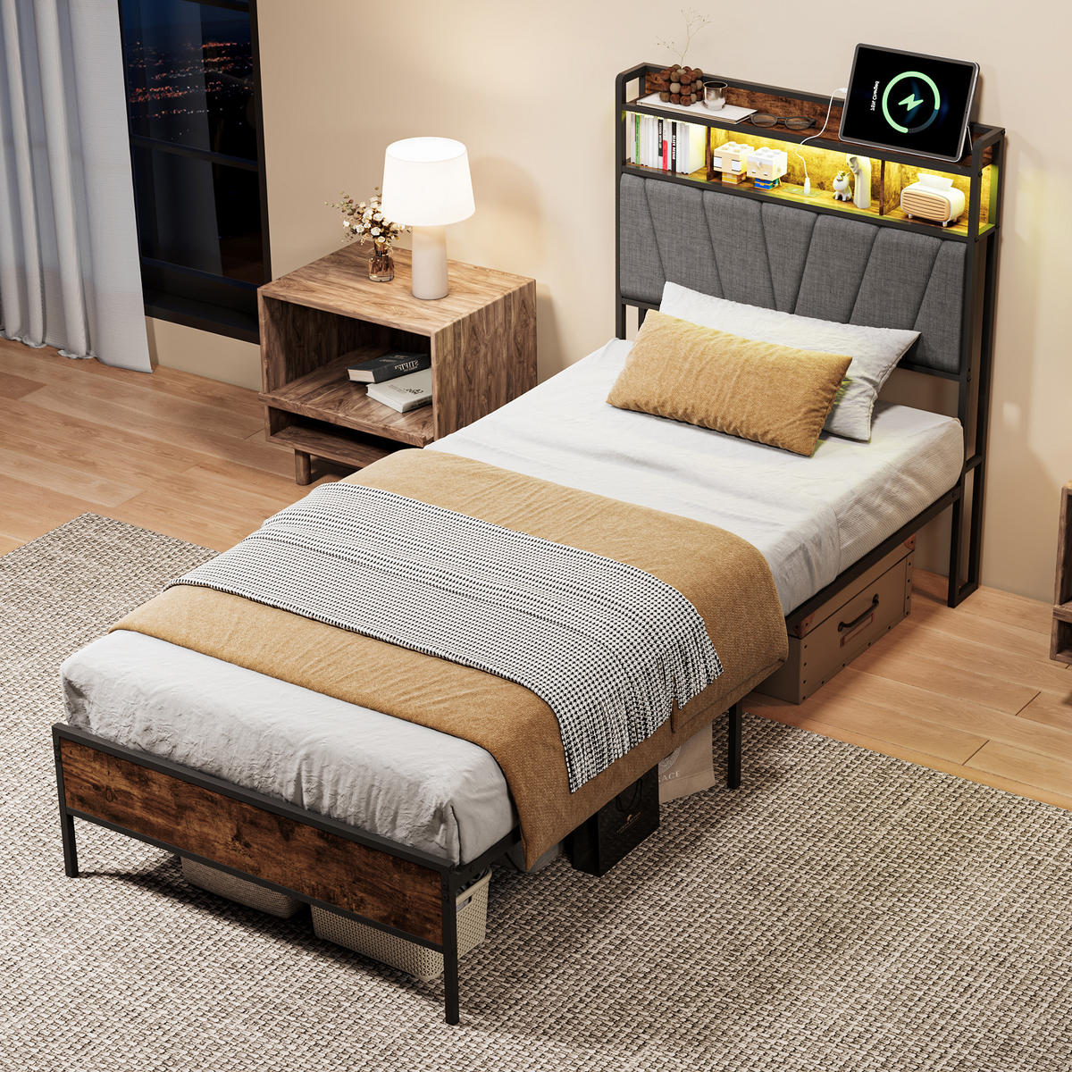 ČALÚNENÁ posteľ 90x200 cm s RGB LED, úložným čelom a USB - hnedá, drevo (90/200cm) - SHOPENTRA