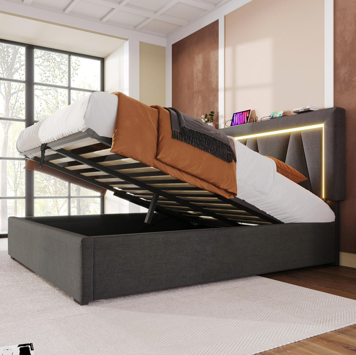 POLSTERBETT mit Stauraum USB und LED 140x200 cm Leinen Grau - Grau, Metall (140/200cm) - Meubliv