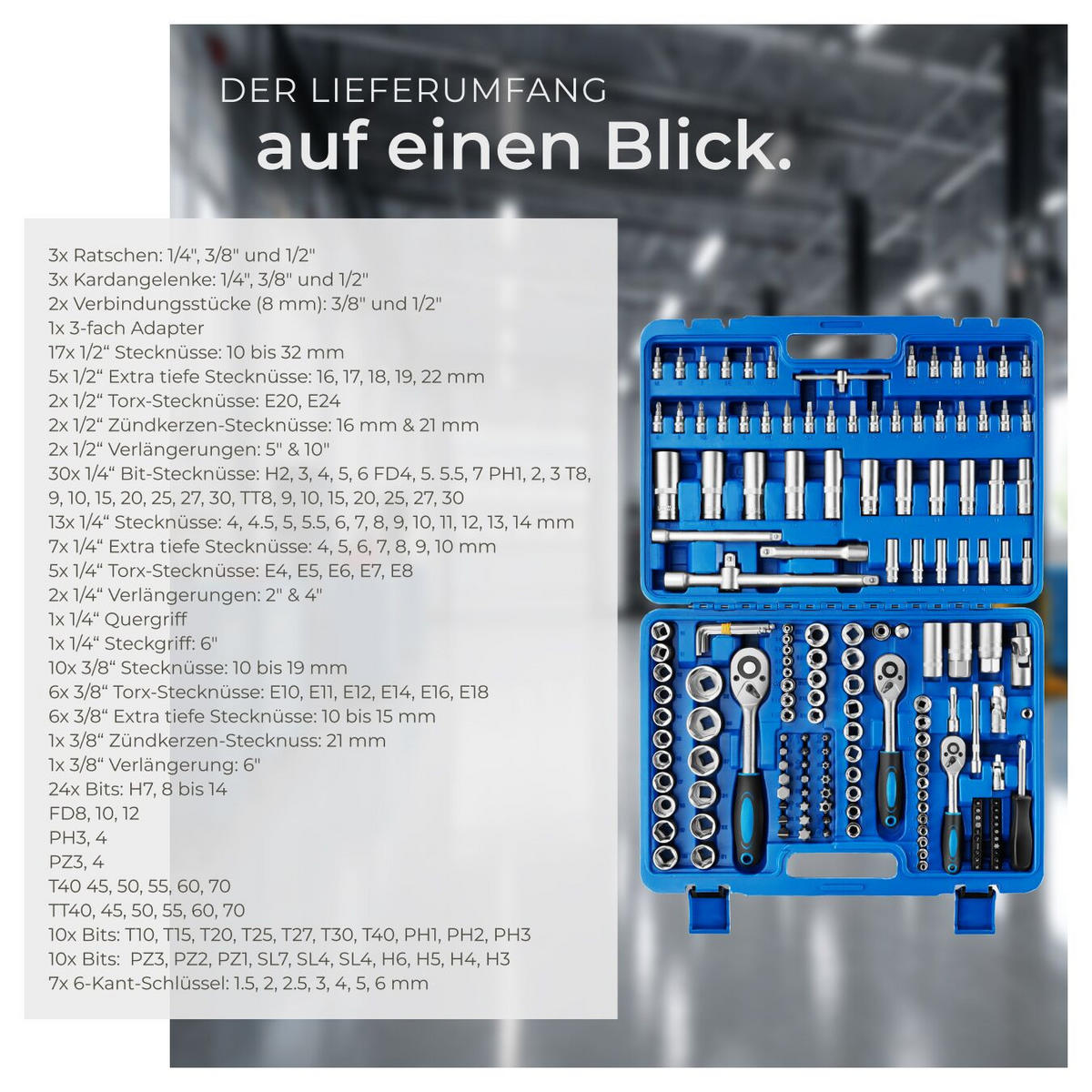 STECKSCHLÜSSELSATZ, übersichtliche Anordnung im Kunststoffkoffer,blau - Blau, Metall (46.5/33.5/9cm) - tectake