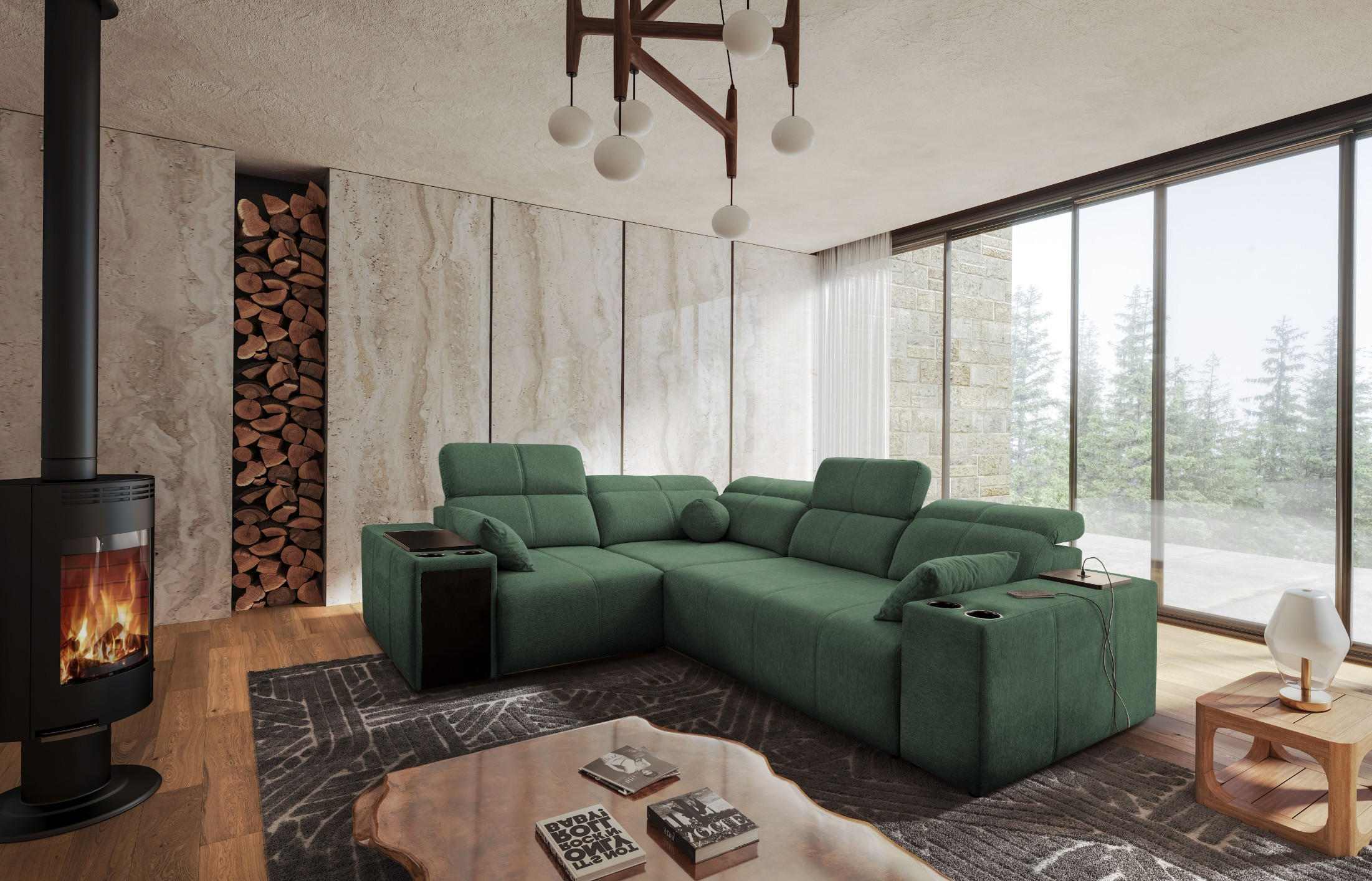 ECKSOFA Mit Schlaffunktion USB Und Verstellbarer Rückenlehne Mindy II Grün Links - Grün, Holz/Textil (219/288cm) - Kaiser Möbel