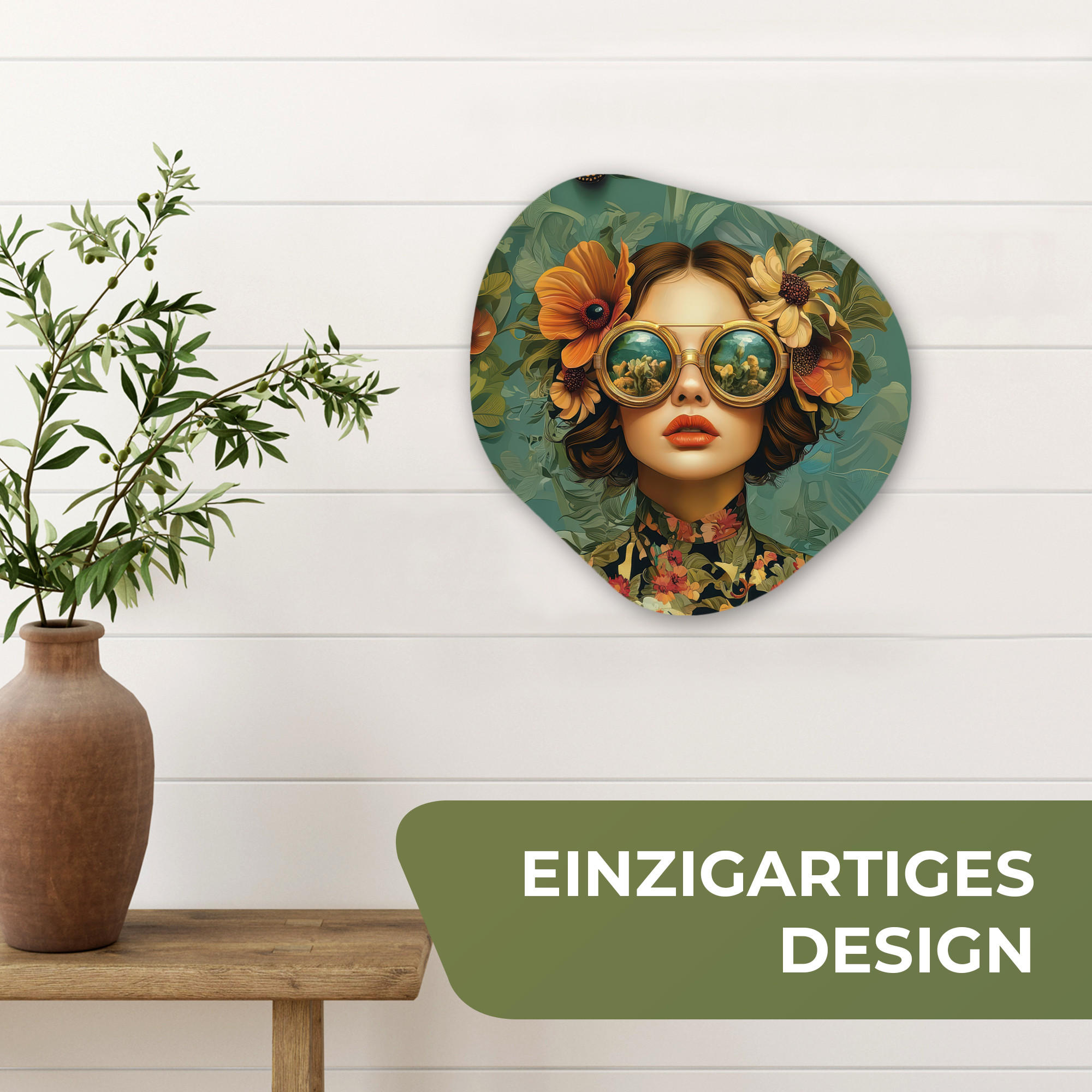 WANDBILD Frau - Blumen - Schmetterlinge - Natur - Vintage 40x40 cm - Petrol, Kunststoff (40/40cm) - MuchoWow