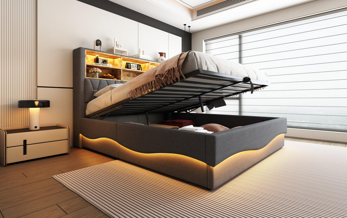 POLSTERBETT 180/200 cm Grau aus Leinen mit Bettkasten und LED-Beleuchtung - Grau, Metall (180/200cm) - OKMYHOME