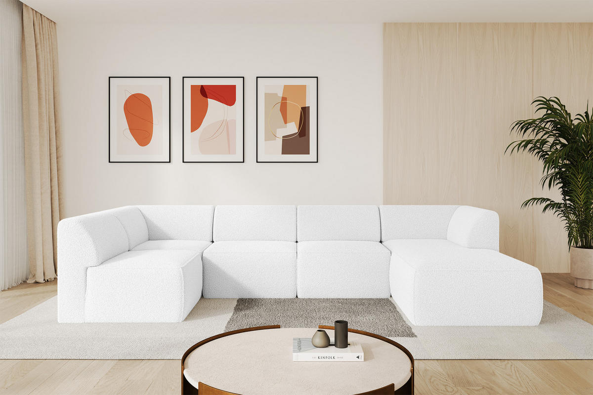 WOHNLANDSCHAFT Ottomane Rechts MOVO-L 345x180x78 cm Weiß Bouclé - Weiß, Holzwerkstoff/Kunststoff (180/78/345cm) - ALTDECOR