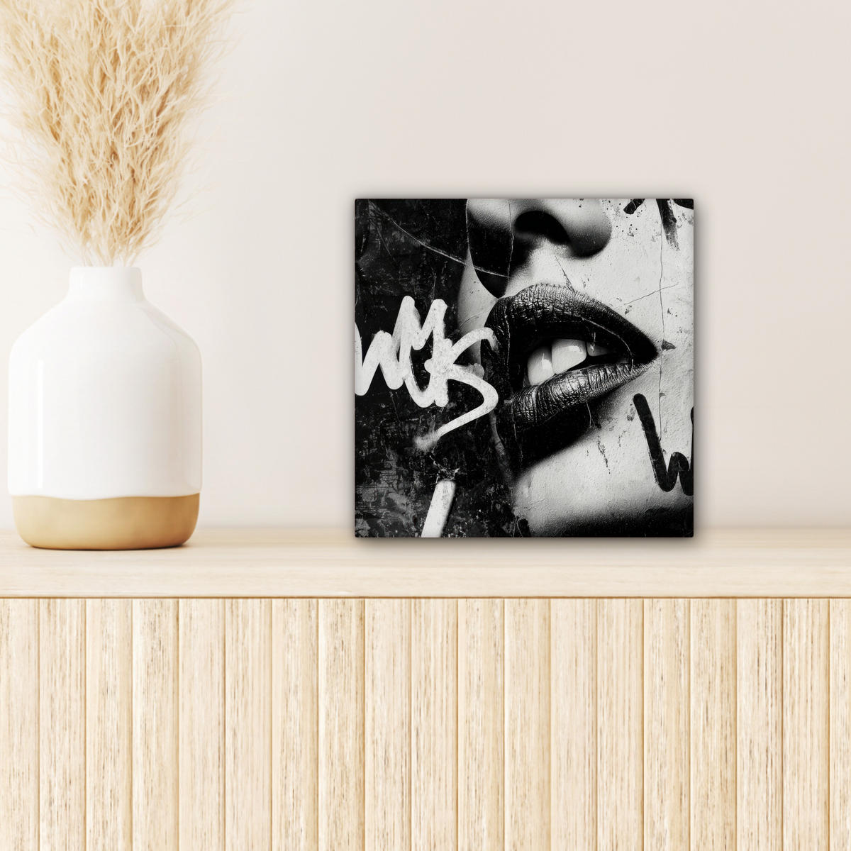 LEINWANDBILD Gesicht - Mund - Graffiti - Schwarz Deko Wohnzimmer 20x20 cm - Schwarz, Textil (20/20cm) - MuchoWow