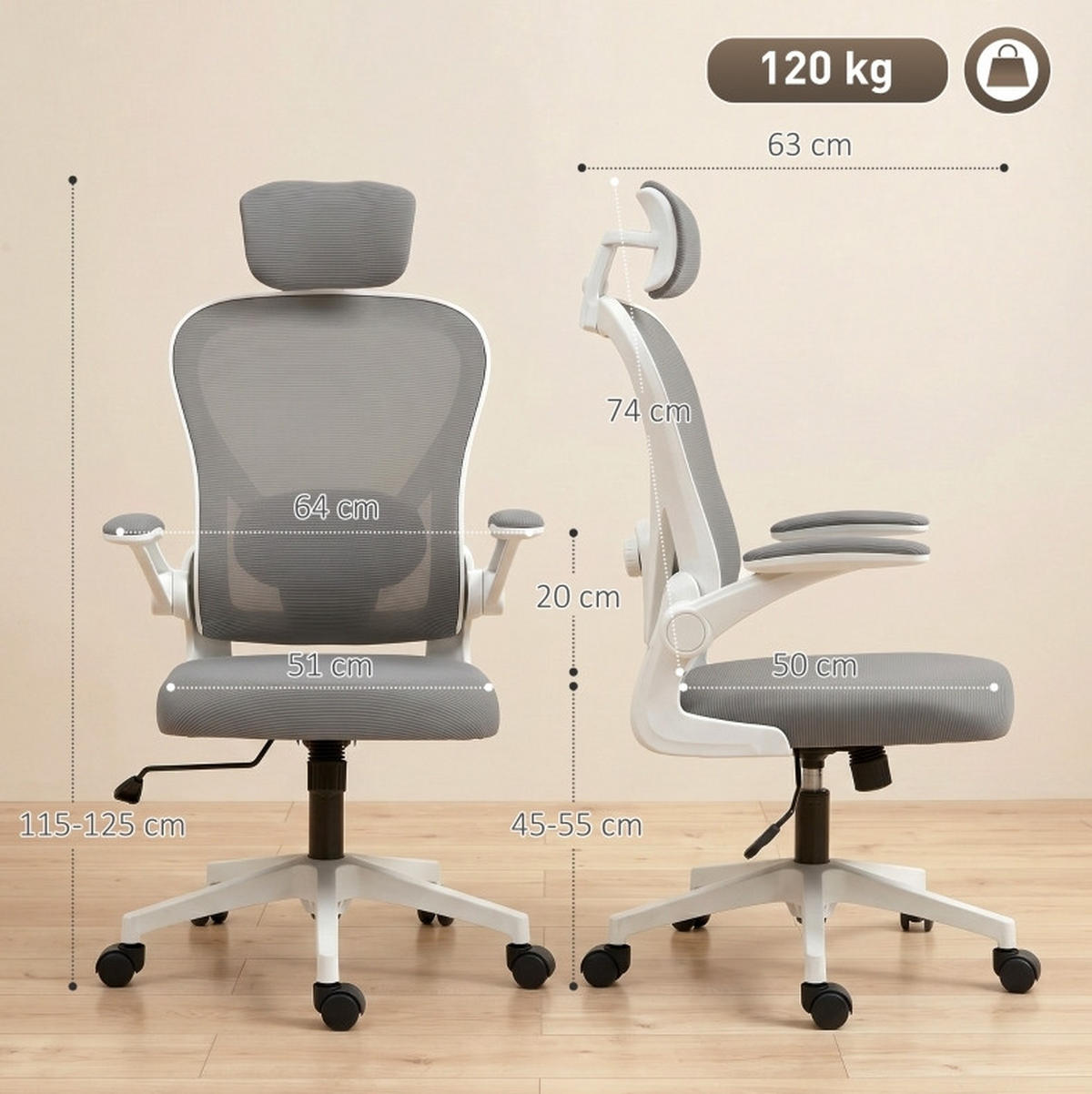 BÜROSTUHL in Grau 63x64x125 cm mit verstellbarer Lendenstütze und hochklappbaren Armlehnen - Grau, Textil (64/125/63cm) - IVMEU