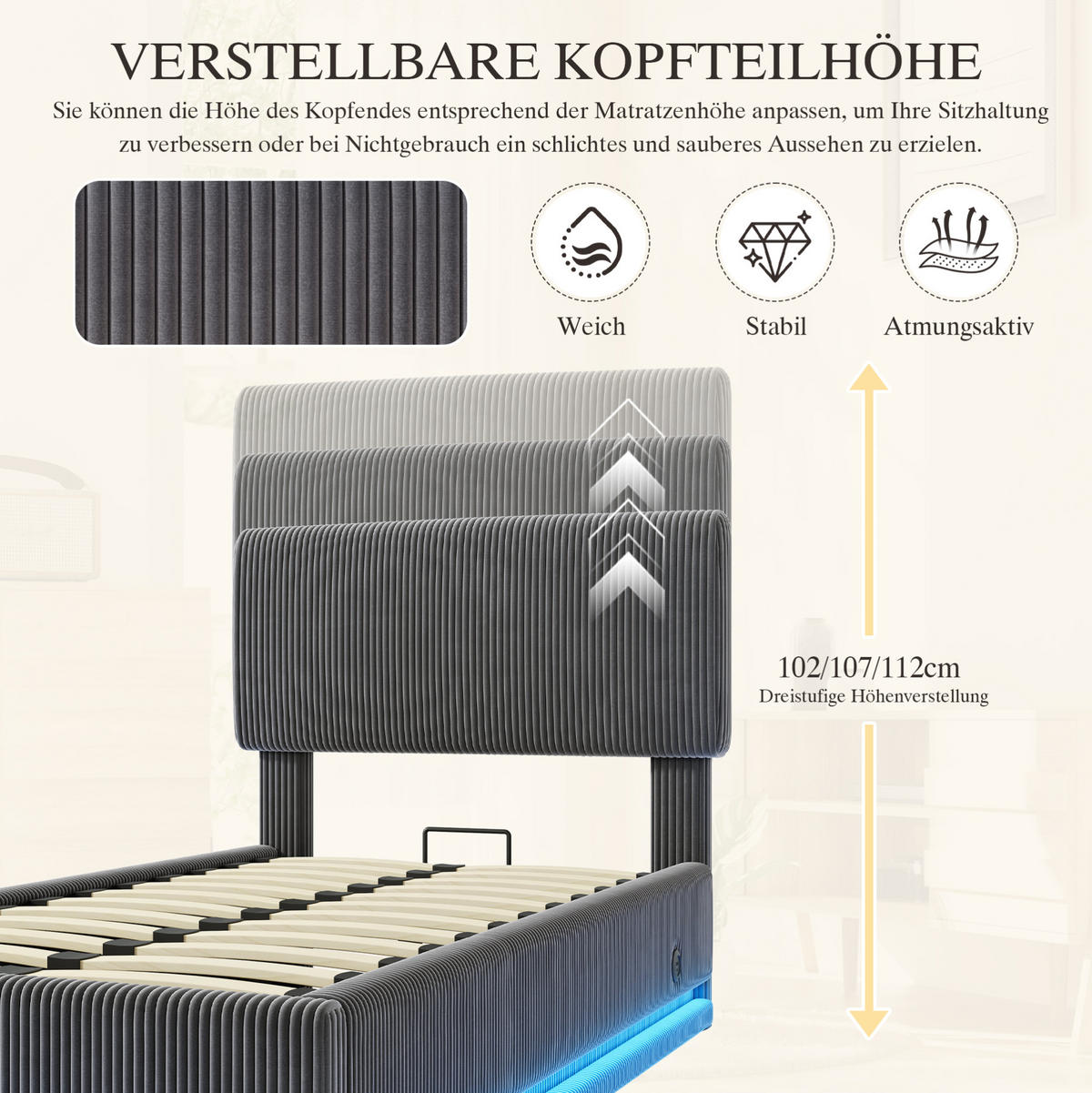 POLSTERBETT mit LED, USB-C und Stauraum 90x200 cm Cord Dunkelgrau - Dunkelgrau, Metall (90/200cm) - Meubliv
