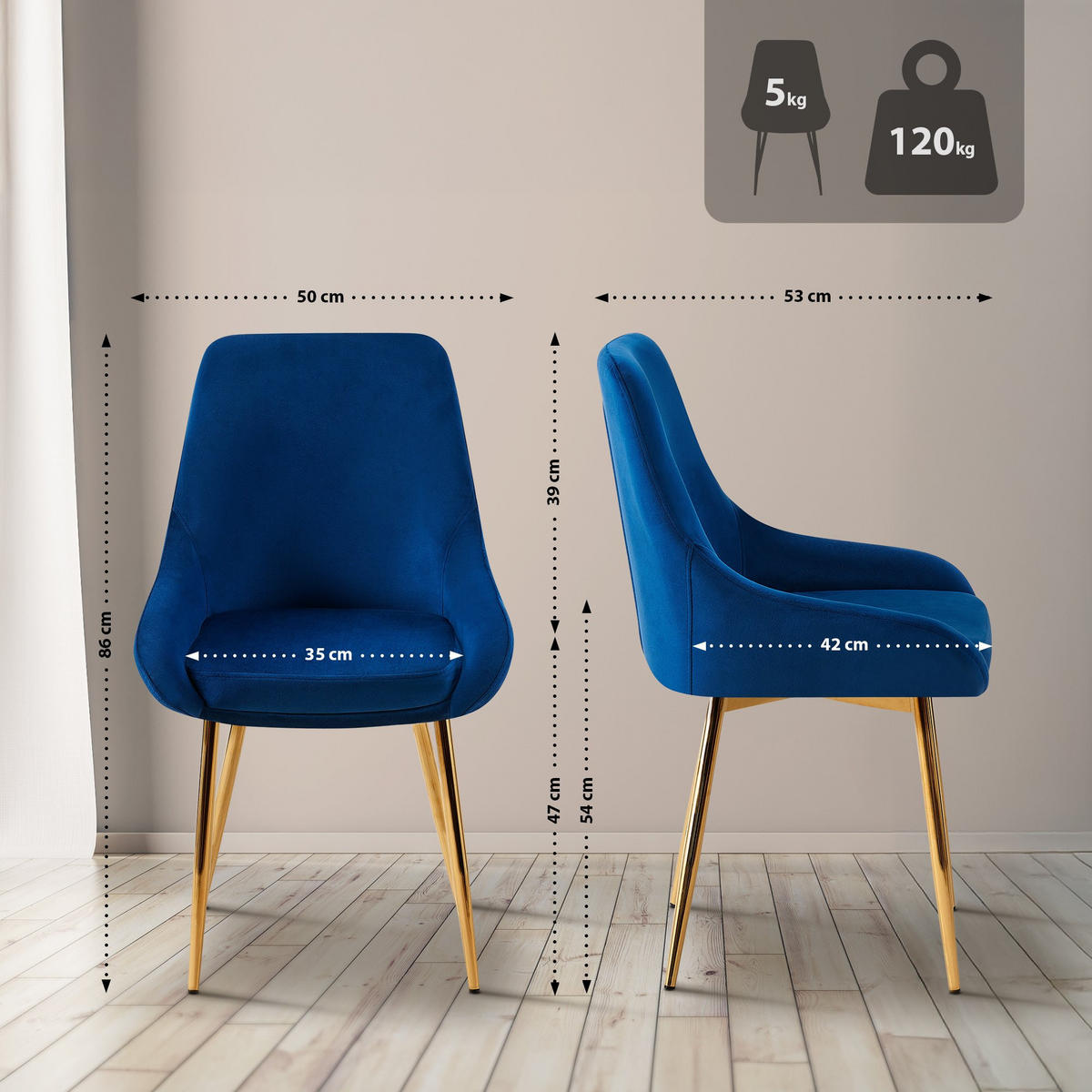 STUHL Samt Dunkelblau - Goldfarben/Dunkelblau, Textil (50/86/53cm) - CLP