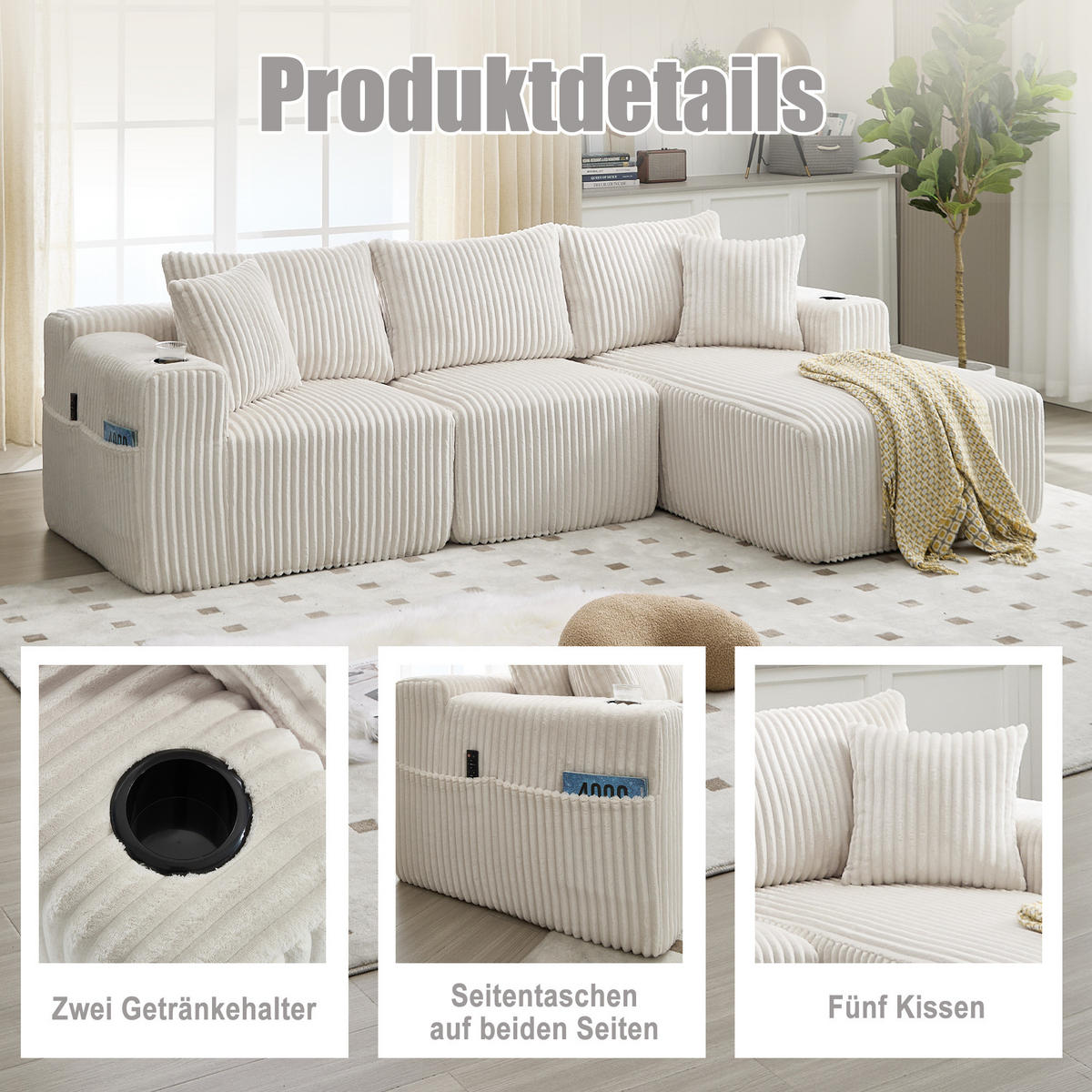 MODULARES Sofa Cord mit Chaiselongue und 2-Sitzer 257/90-160/62 cm Beige - Beige, Textil (160/257cm) - Redom