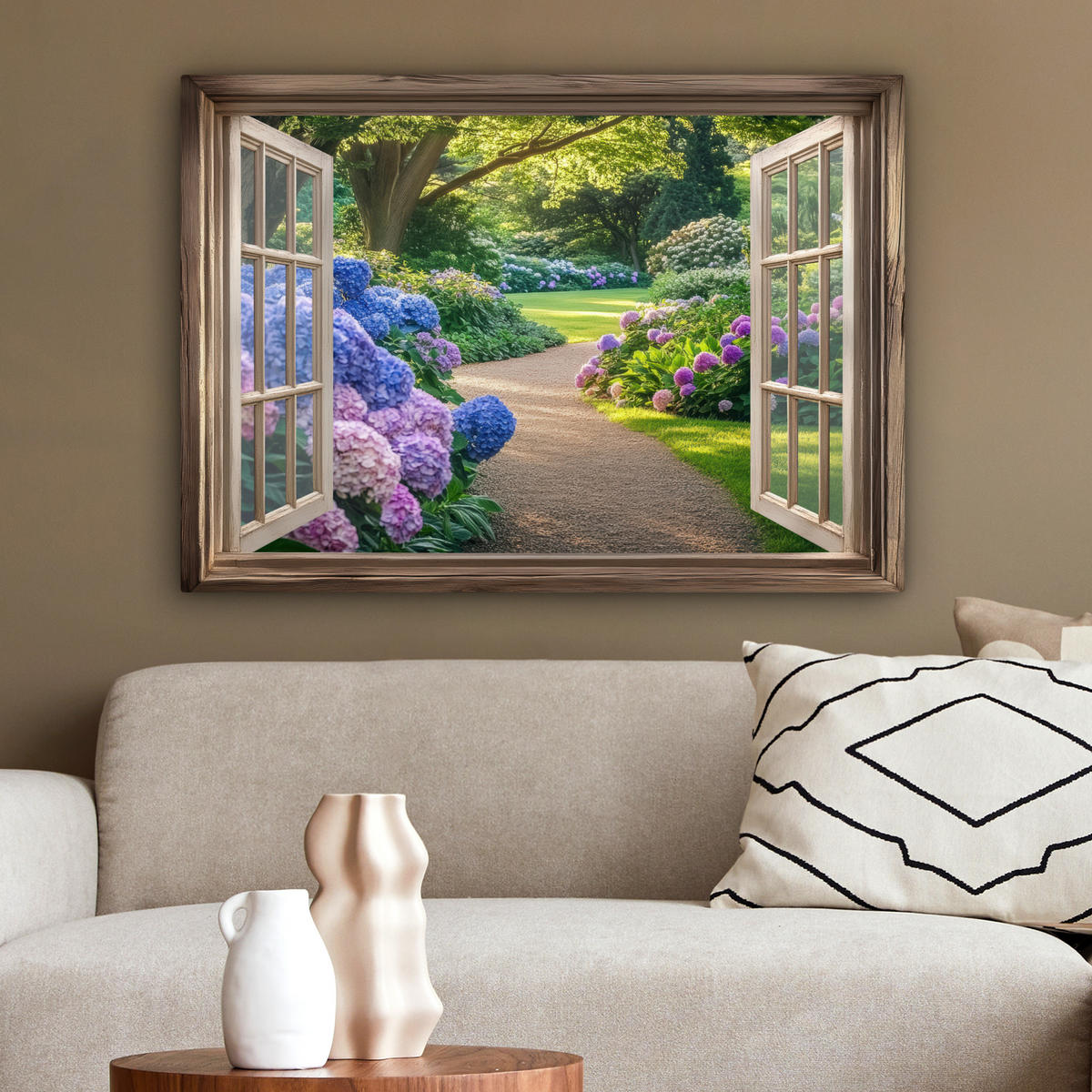 LEINWANDBILD Aussicht - Garten - Fenster - Hortensie - Blumen Wandbilder 80x60 cm - Pastellblau, Textil (80/60cm) - MuchoWow