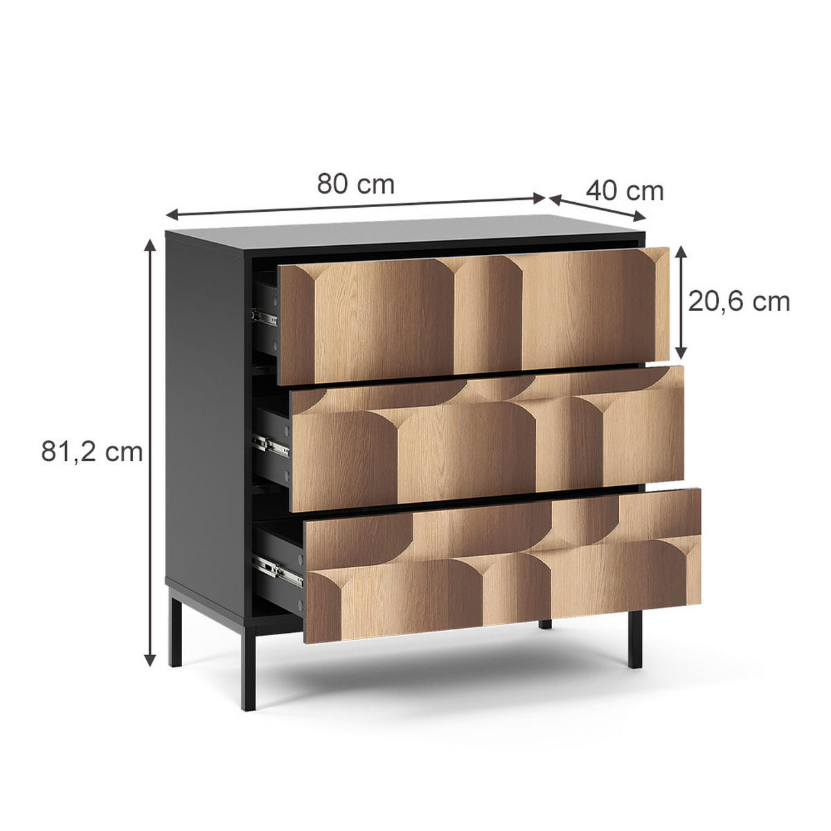 KOMMODE Eliza Schwarz/Eiche 80 x 81.2 cm mit 3 Schubladen - Eichefarben/Schwarz, Holzwerkstoff (80/81.2/40cm) - Vicco