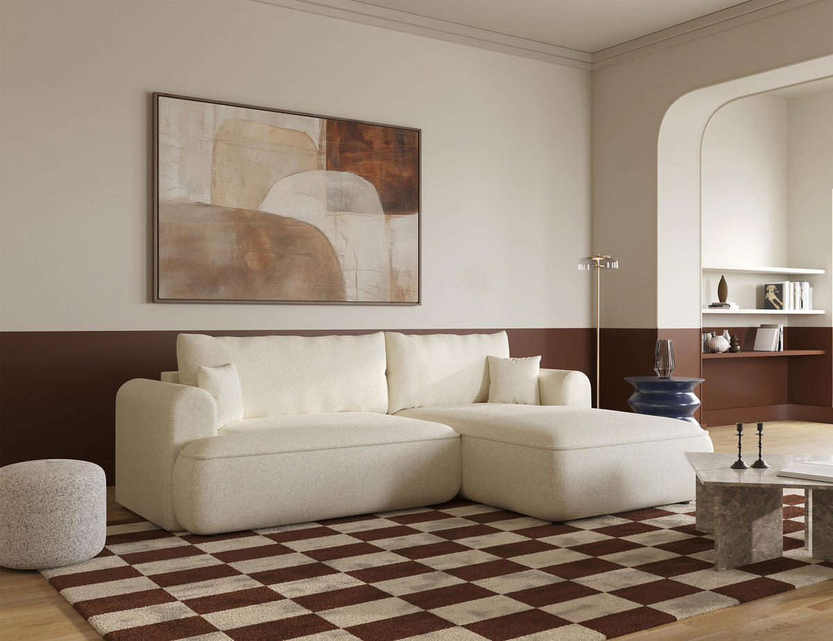 ECKSOFA Ovo Hellbeige Webstoff-Bezug - Ecru/Schwarz, Kunststoff/Textil (260/165cm) - Selsey