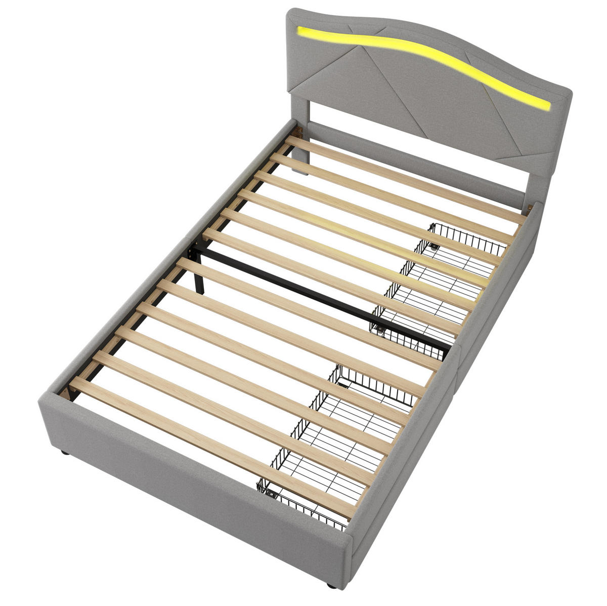 POLSTERBETT 90/200 cm mit LED-Beleuchtung, 2 Schubladen, verstellbarem Kopfteil und Lattenrost, Grau - Grau, Textil (90/200cm) - Redom