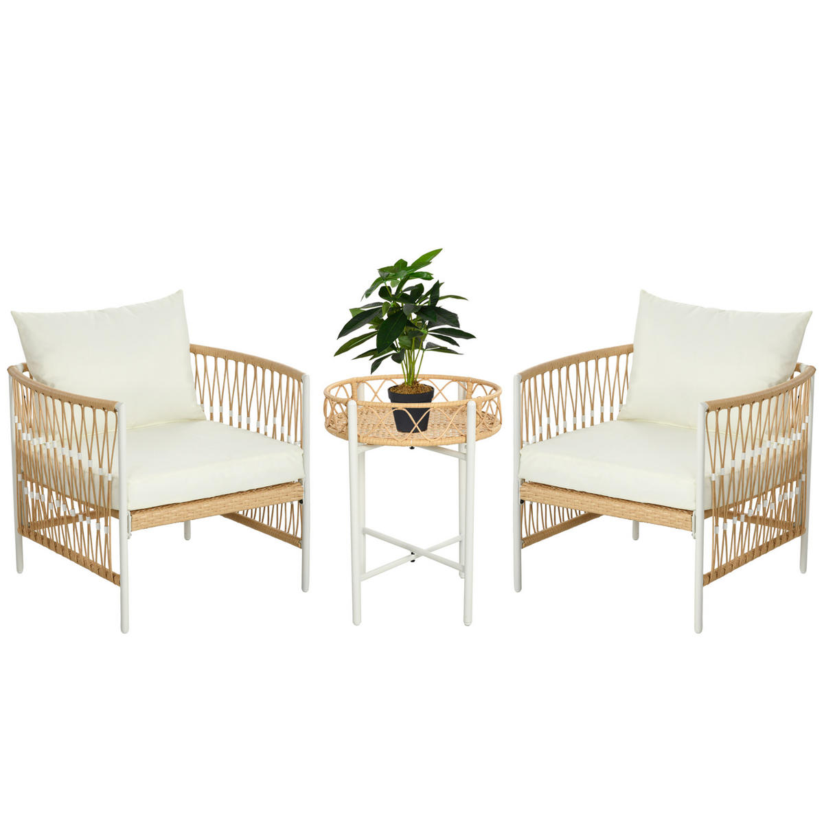 GARTENGARNITUR mit 2 Gartenstühle, 3er-Set Rattan Gartenmöbel-Set, Gelb+Creme - Gelb, Kunststoff - Outsunny