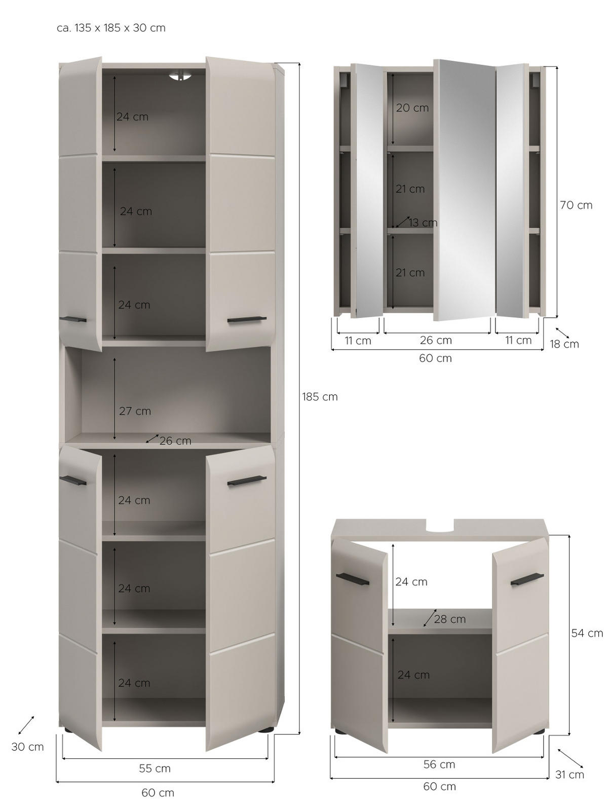 BADMÖBEL-SET Kaschmir 3-teilig 135 cm, Komplettset mit viel Stauraum - Kaschmir/Schwarz, Glas/Holzwerkstoff (135/185/30cm) - Inn.Furn